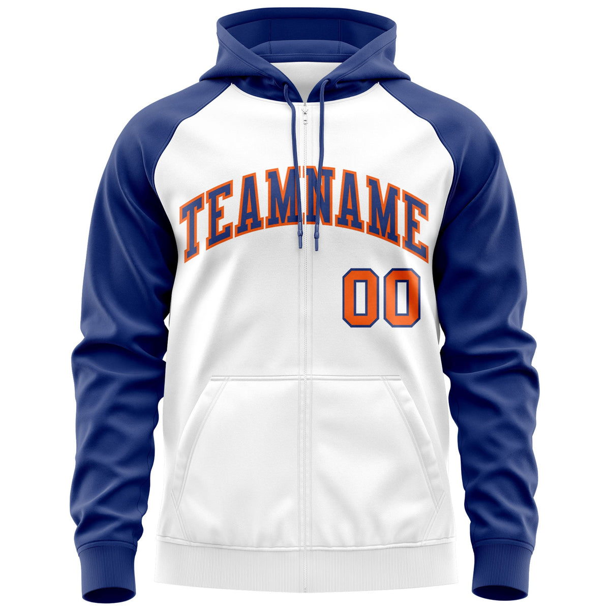 Custom Stitched White Royal-Orange Raglan Sleeves Sports Full-Zip Sweatshirt Hoodie