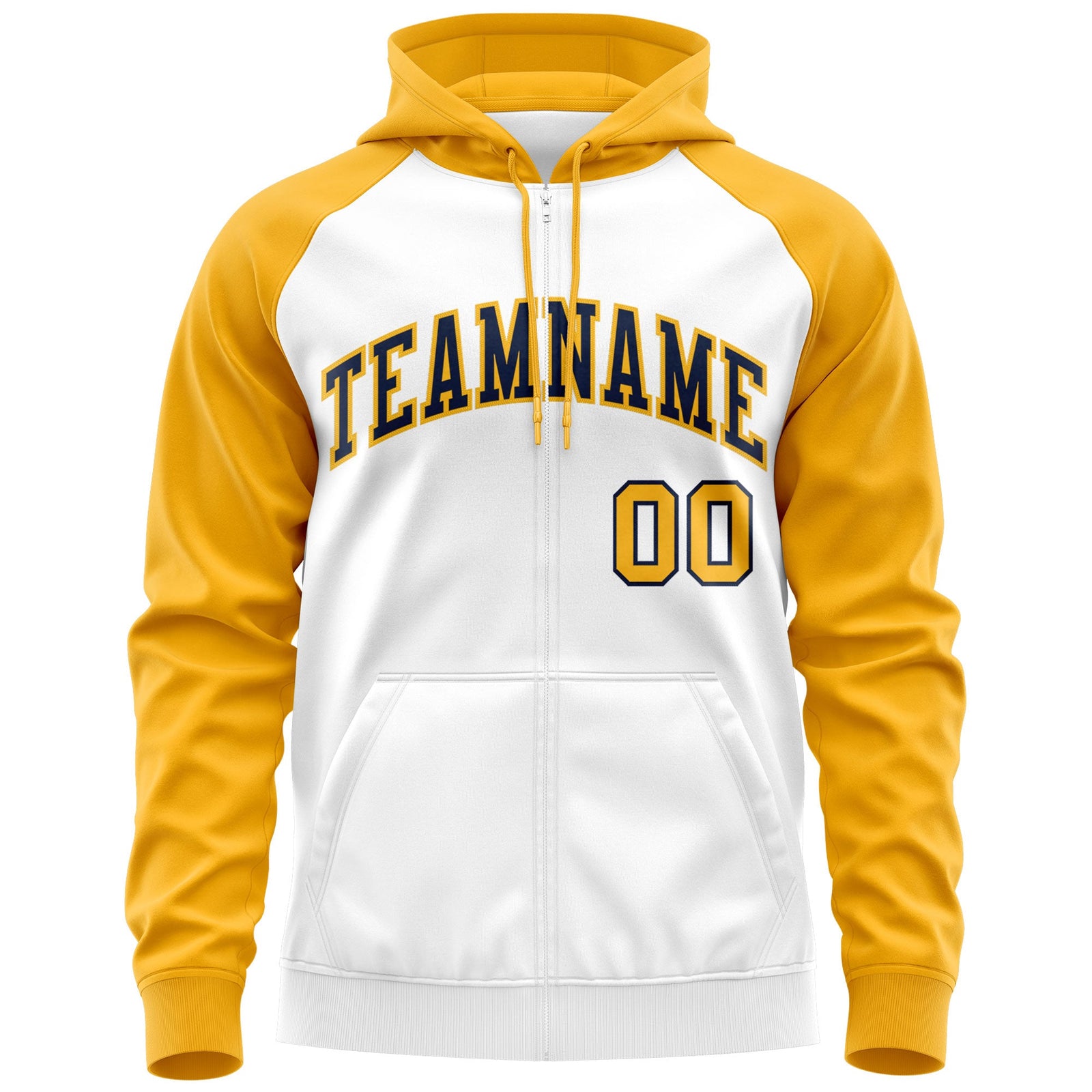 Custom Stitched White Navy-Gold Raglan Sleeves Sports Full-Zip Sweatshirt Hoodie