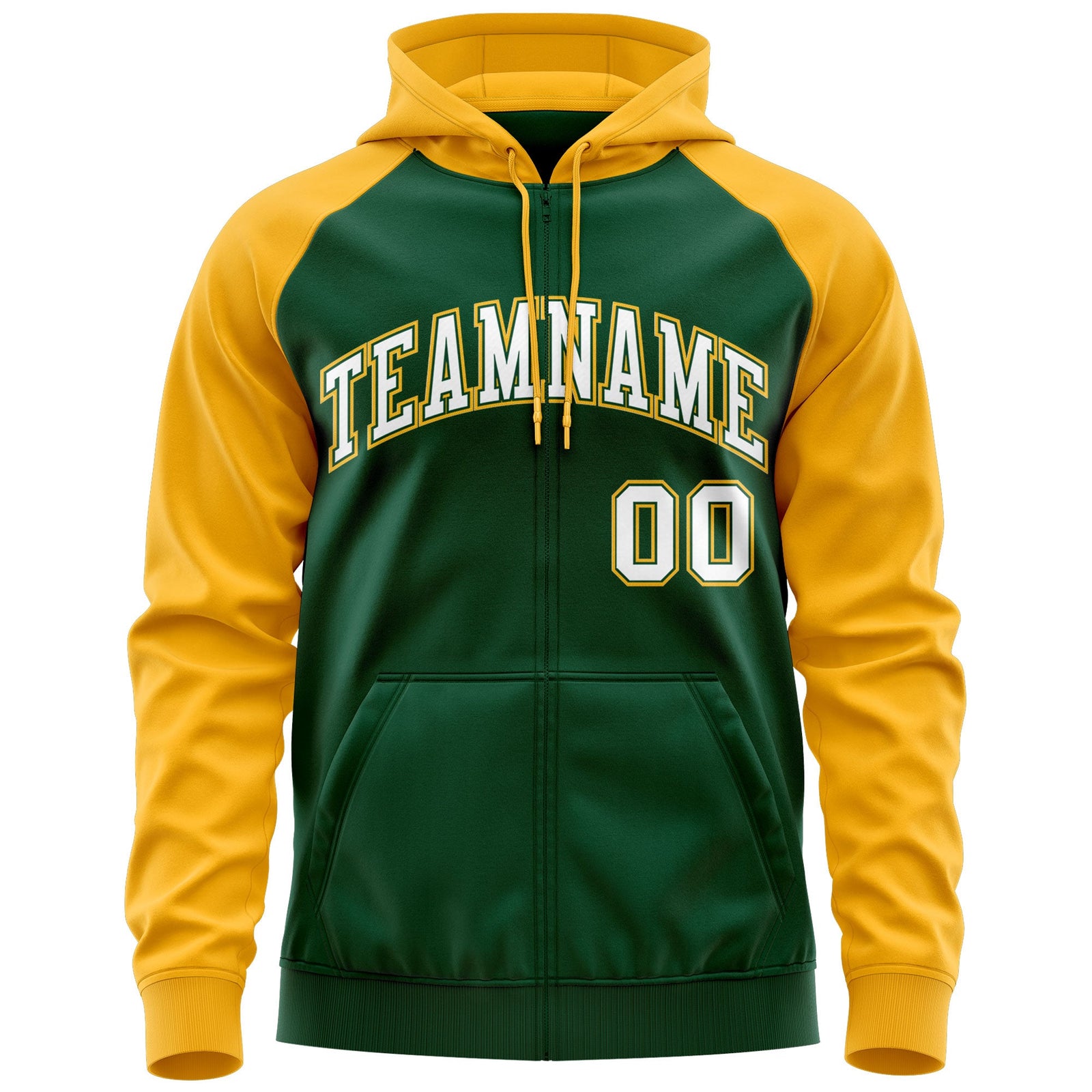 Custom Stitched Green White-Gold Raglan Sleeves Sports Full-Zip Sweatshirt Hoodie