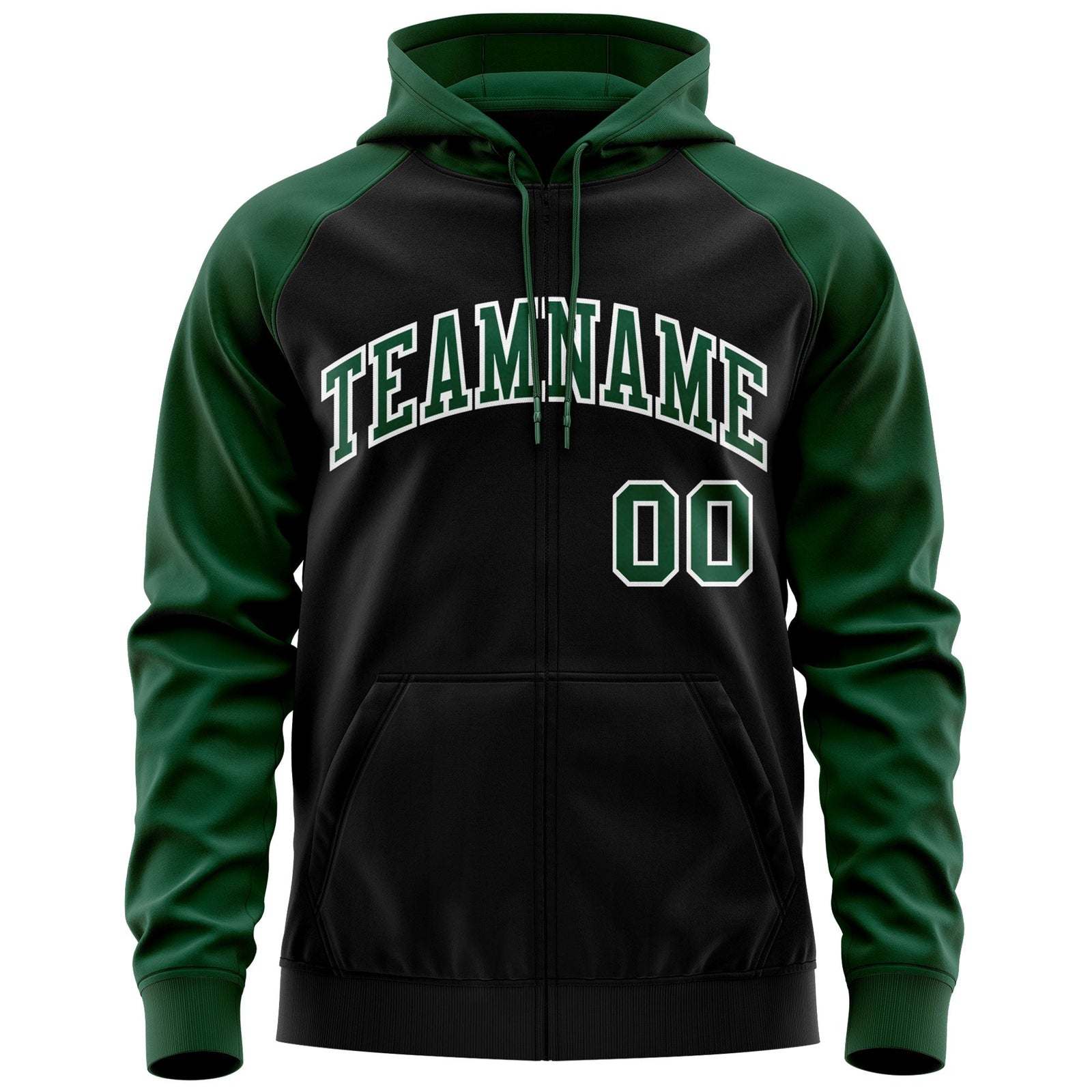 Custom Stitched Black Green-White Raglan Sleeves Sports Full-Zip Sweatshirt Hoodie