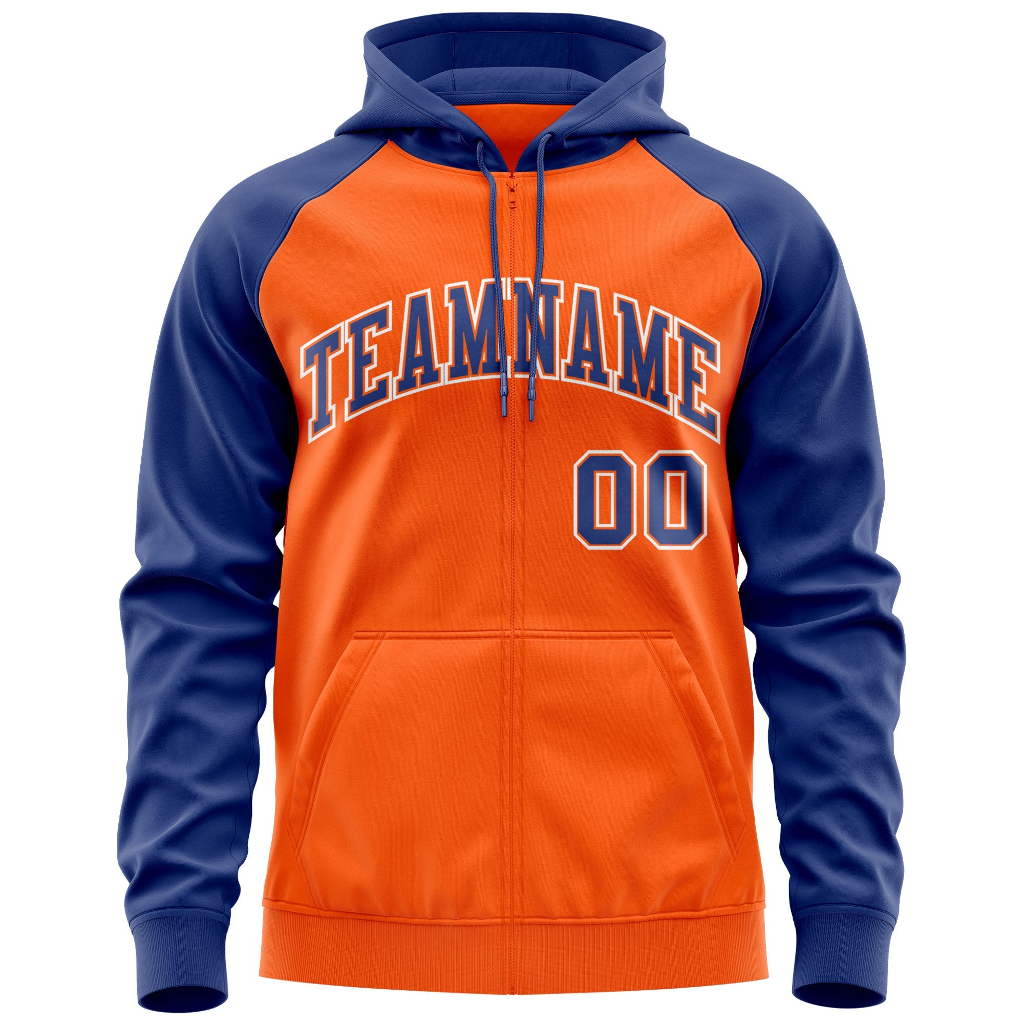 Custom Stitched Orange Royal-White Raglan Sleeves Sports Full-Zip Sweatshirt Hoodie