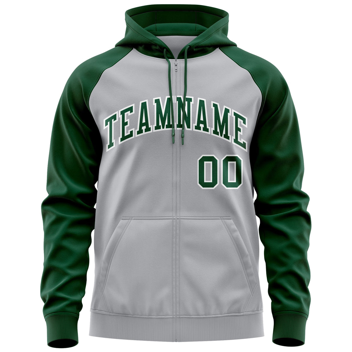 Custom Stitched Gray Green-White Raglan Sleeves Sports Full-Zip Sweatshirt Hoodie