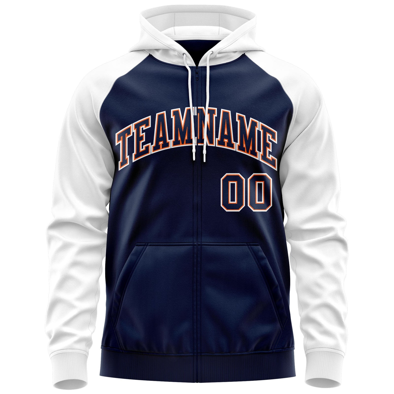 Custom Stitched Navy Orange-White Raglan Sleeves Sports Full-Zip Sweatshirt Hoodie