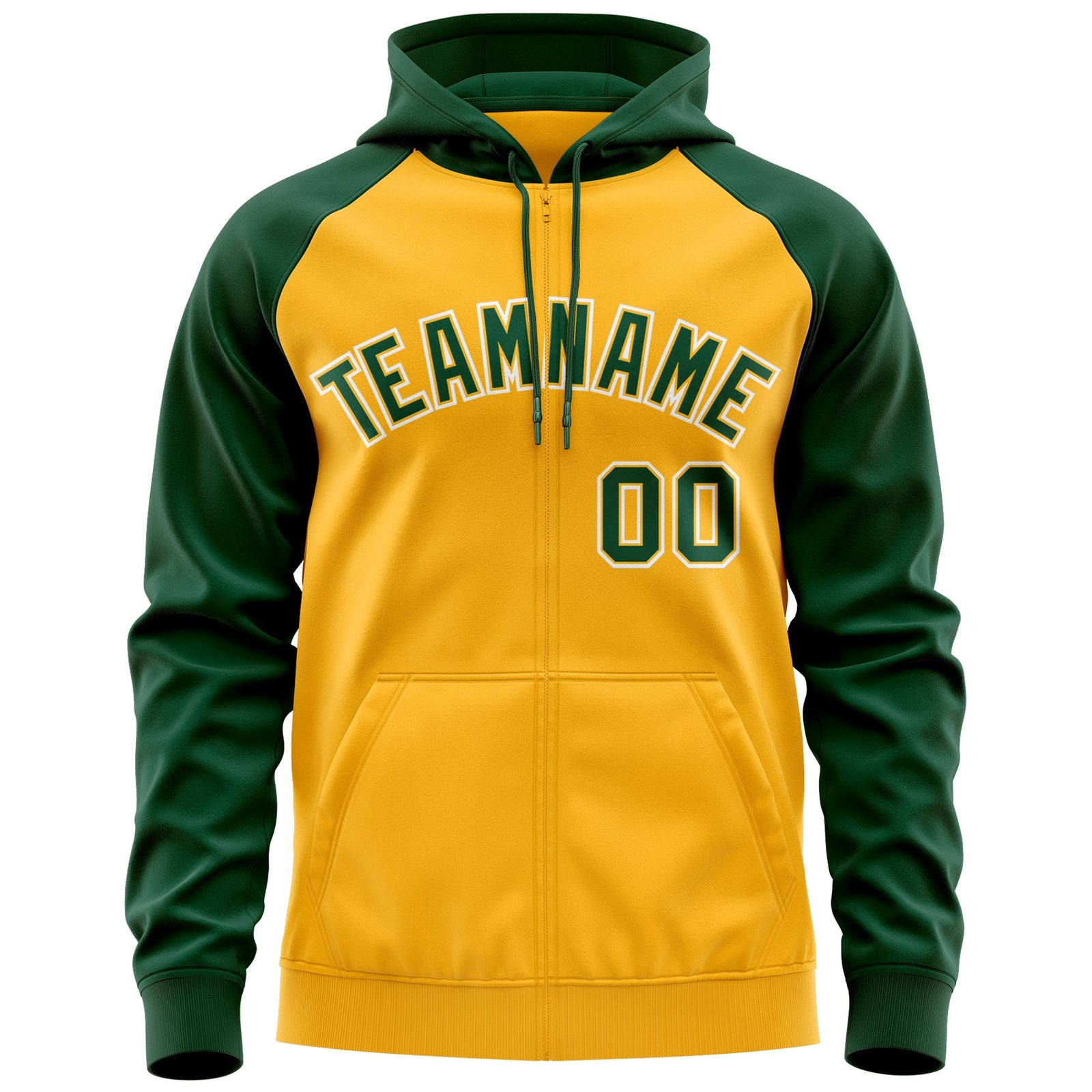 Custom Stitched Gold Green-White Raglan Sleeves Sports Full-Zip Sweatshirt Hoodie