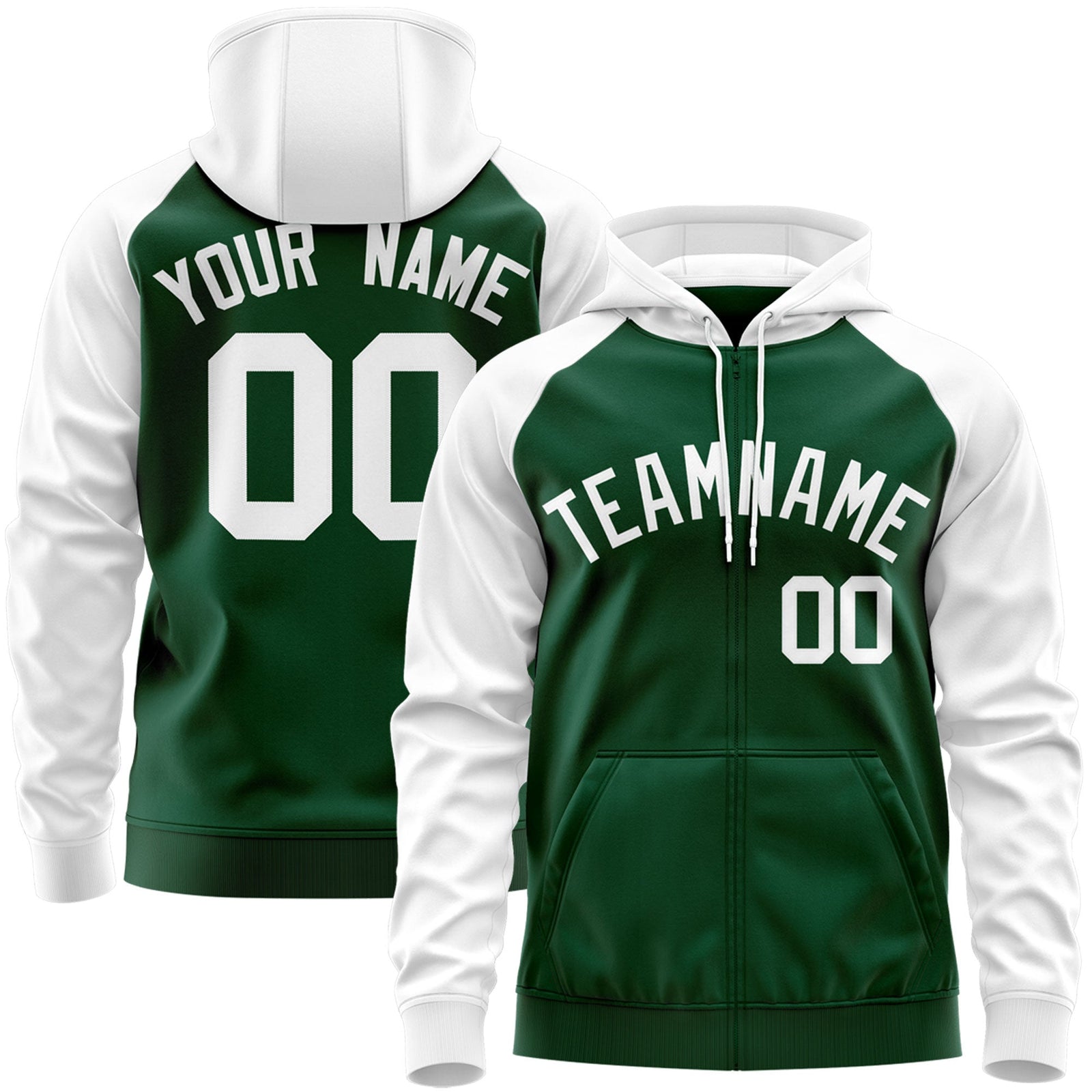 Custom Stitched Green White Raglan Sleeves Sports Full-Zip Sweatshirt Hoodie