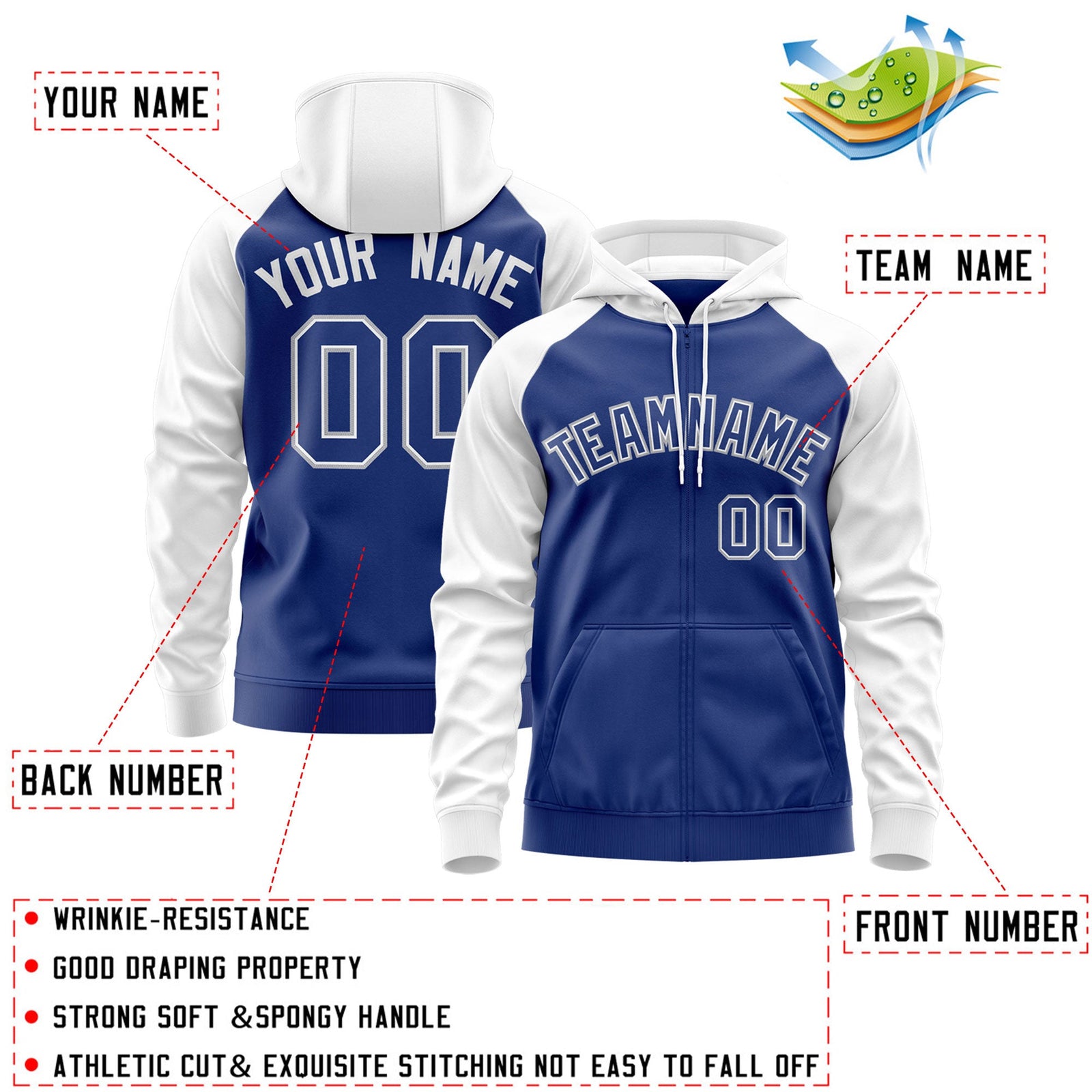 Custom Stitched Royal White-Gray Raglan Sleeves Sports Full-Zip Sweatshirt Hoodie