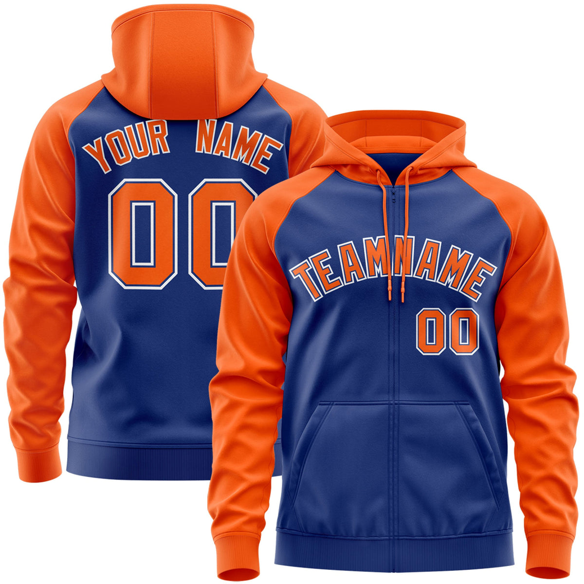 Custom Stitched Royal Orange-White Raglan Sleeves Sports Full-Zip Sweatshirt Hoodie