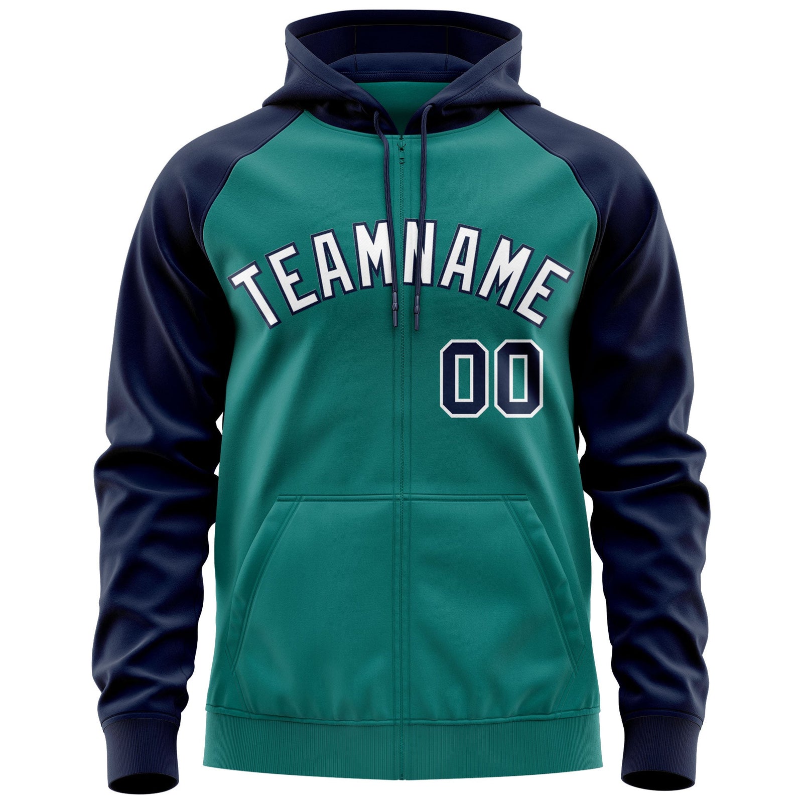 Custom Stitched Aqua White-Navy Raglan Sleeves Sports Full-Zip Sweatshirt Hoodie