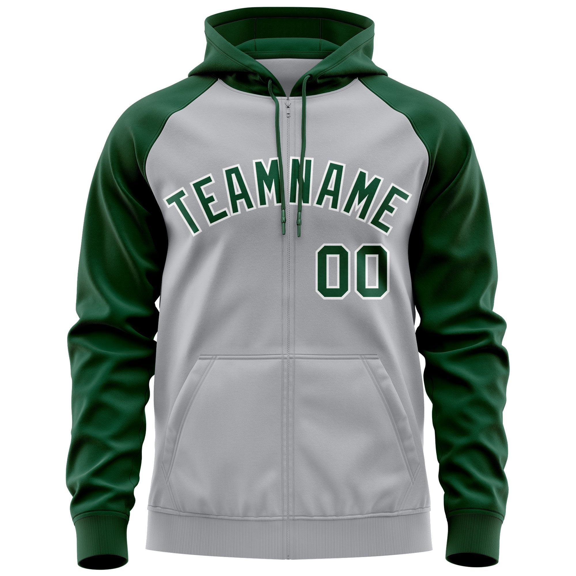 Custom Stitched Gray Green-White Raglan Sleeves Sports Full-Zip Sweatshirt Hoodie