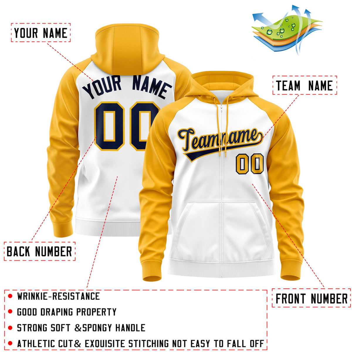 Custom Stitched White Navy-Gold Raglan Sleeves Sports Full-Zip Sweatshirt Hoodie