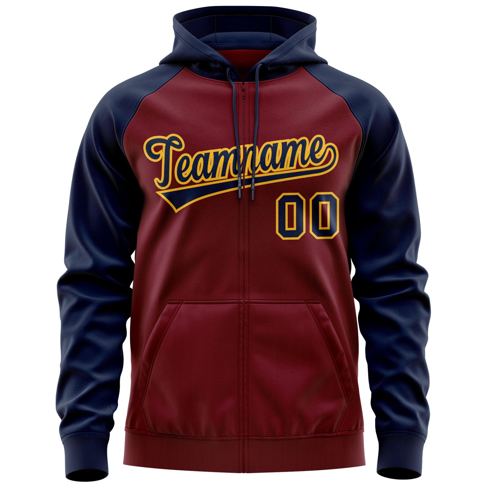 Custom Stitched Crimson Navy-Gold Raglan Sleeves Sports Full-Zip Sweatshirt Hoodie