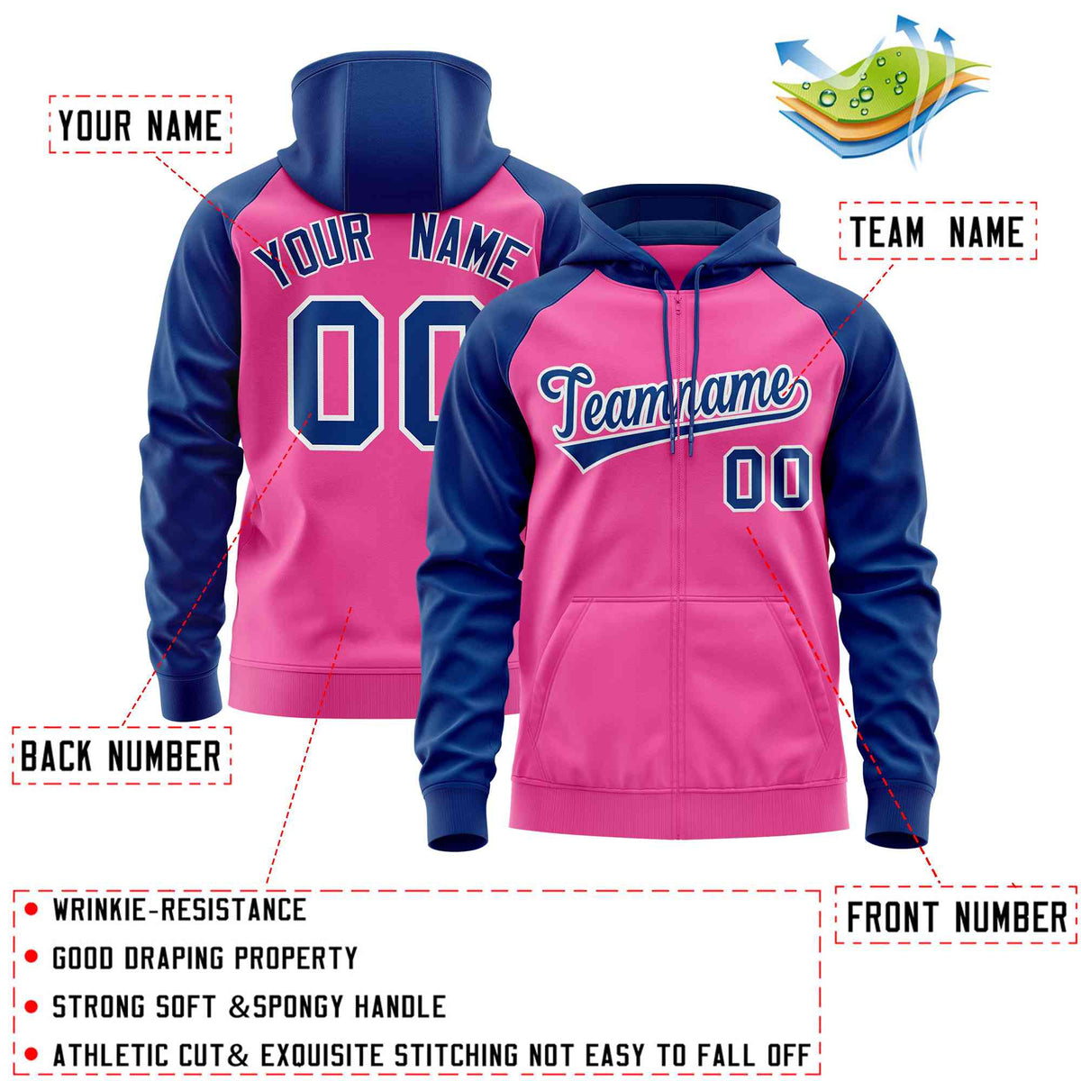 Custom Stitched Pink Royal Raglan Sleeves Sports Full-Zip Sweatshirt Hoodie