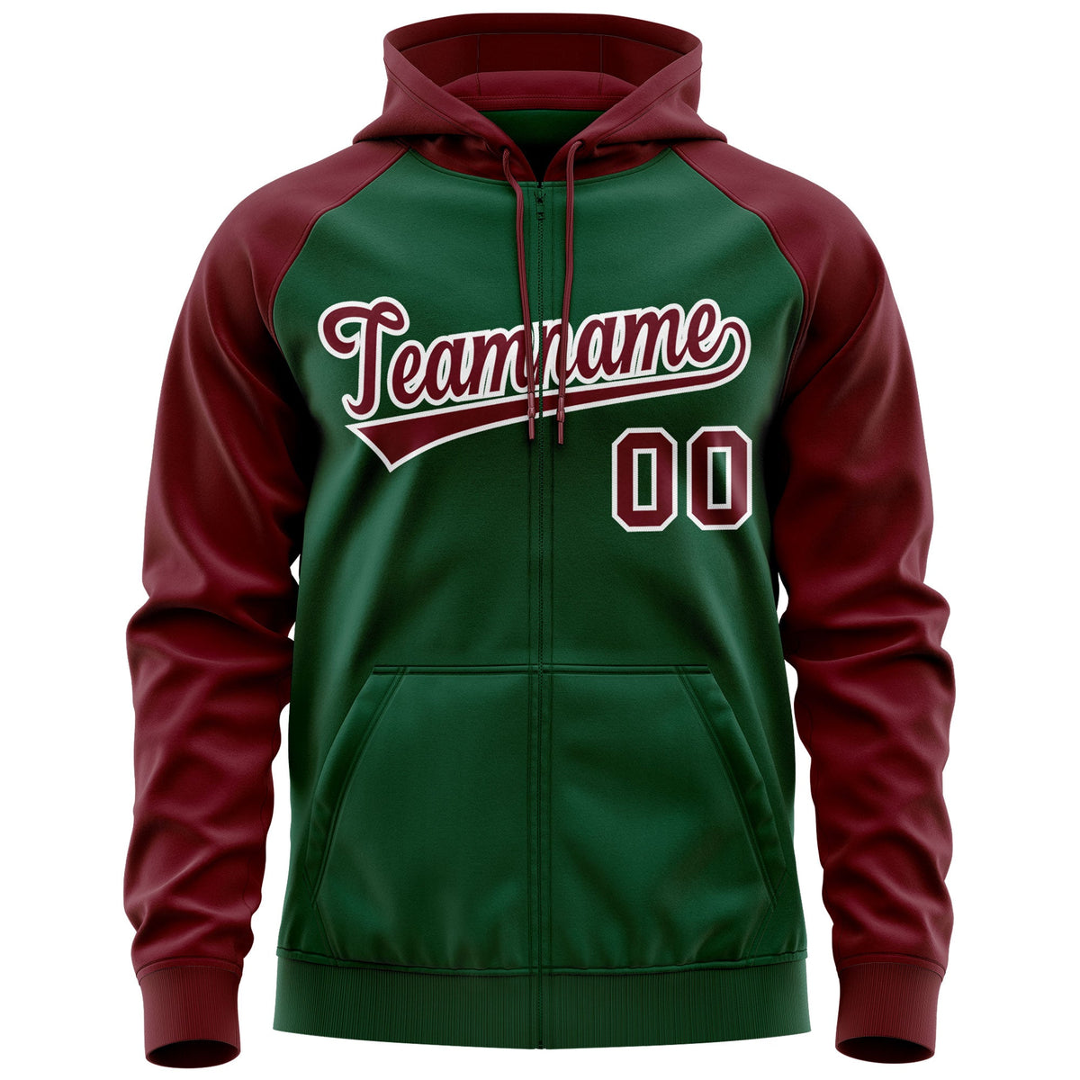 Custom Stitched Green Crimson-White Raglan Sleeves Sports Full-Zip Sweatshirt Hoodie