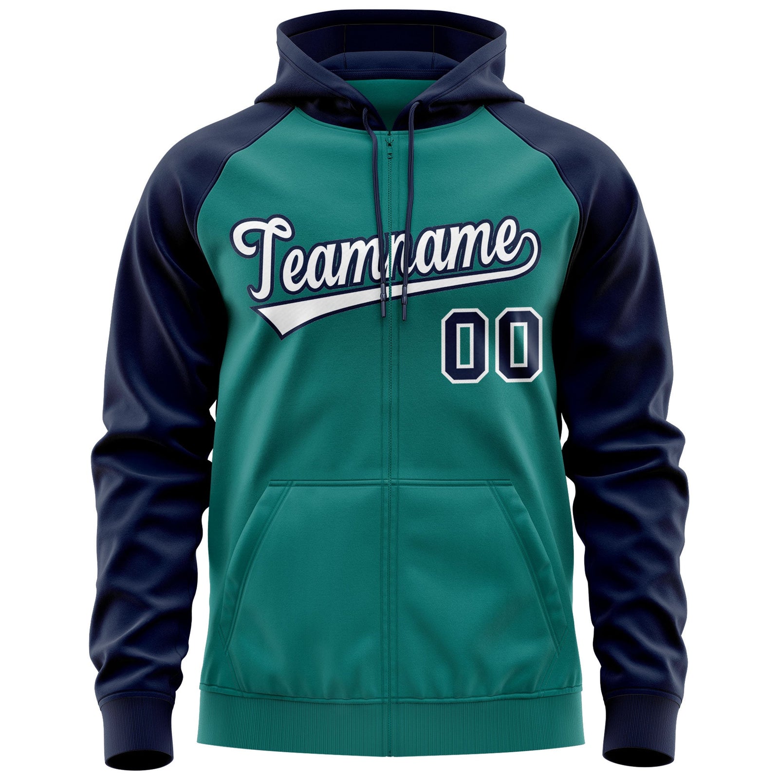Custom Stitched Aqua White-Navy Raglan Sleeves Sports Full-Zip Sweatshirt Hoodie