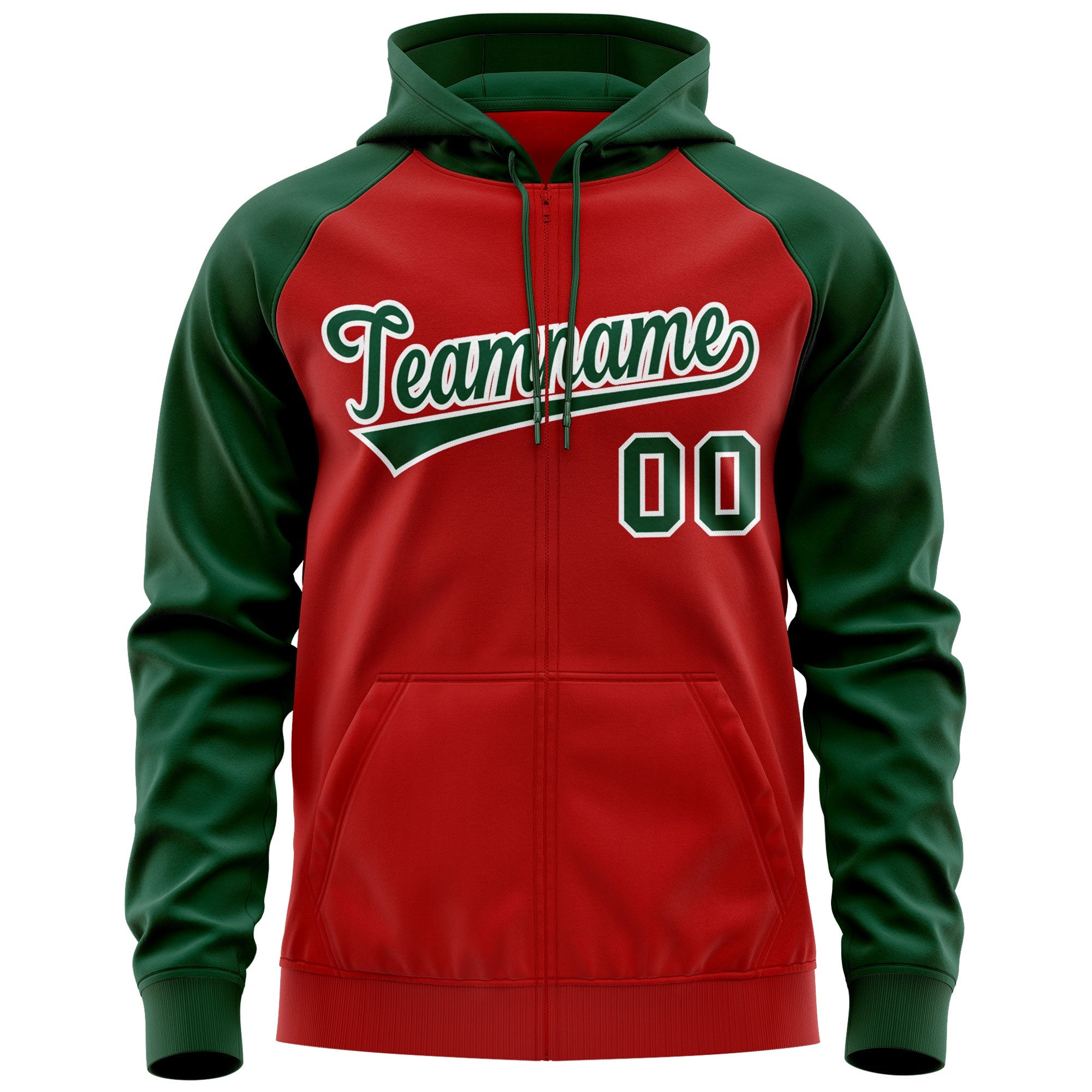 Custom Stitched Red Green-White Raglan Sleeves Sports Full-Zip Sweatshirt Hoodie