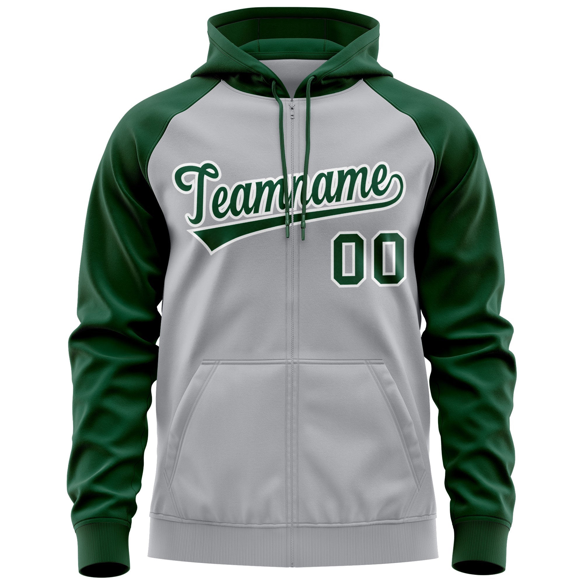 Custom Stitched Gray Green-White Raglan Sleeves Sports Full-Zip Sweatshirt Hoodie