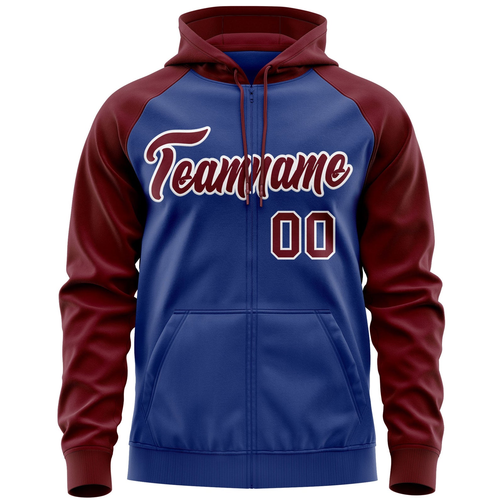 Custom Stitched Royal Crimson-White Raglan Sleeves Sports Full-Zip Sweatshirt Hoodie