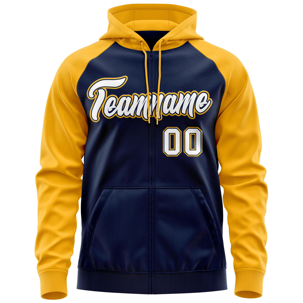 Custom Stitched Navy White-Gold Raglan Sleeves Sports Full-Zip Sweatshirt Hoodie