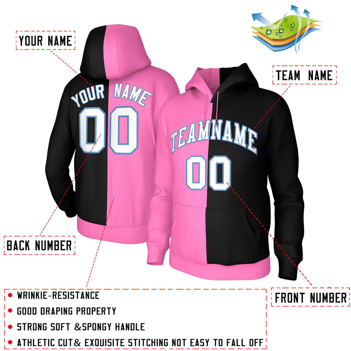 Custom Pink Black White-Light Blue Split Fashion Stitched Sportwear Pullover Hoodie