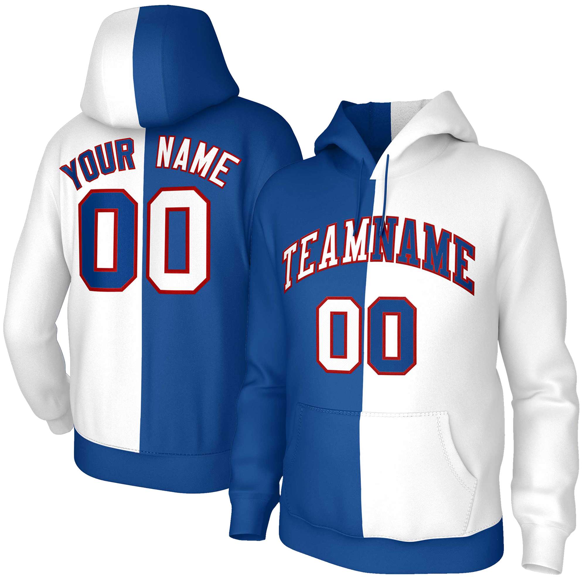 Custom Royal White White-Red Split Fashion Stitched Sportwear Pullover Hoodie