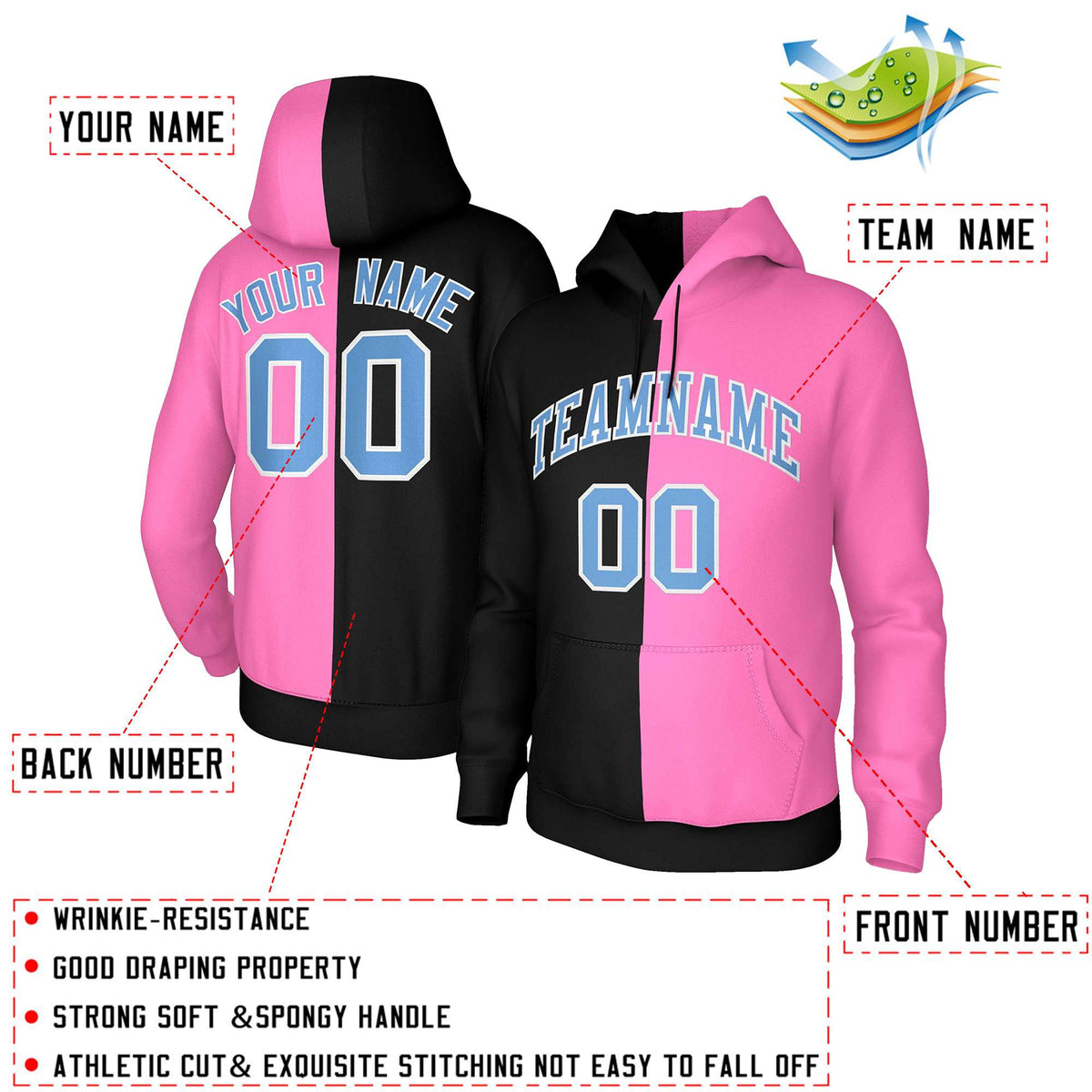 Custom Black Pink Light Blue-White Split Fashion Stitched Sportwear Pullover Hoodie
