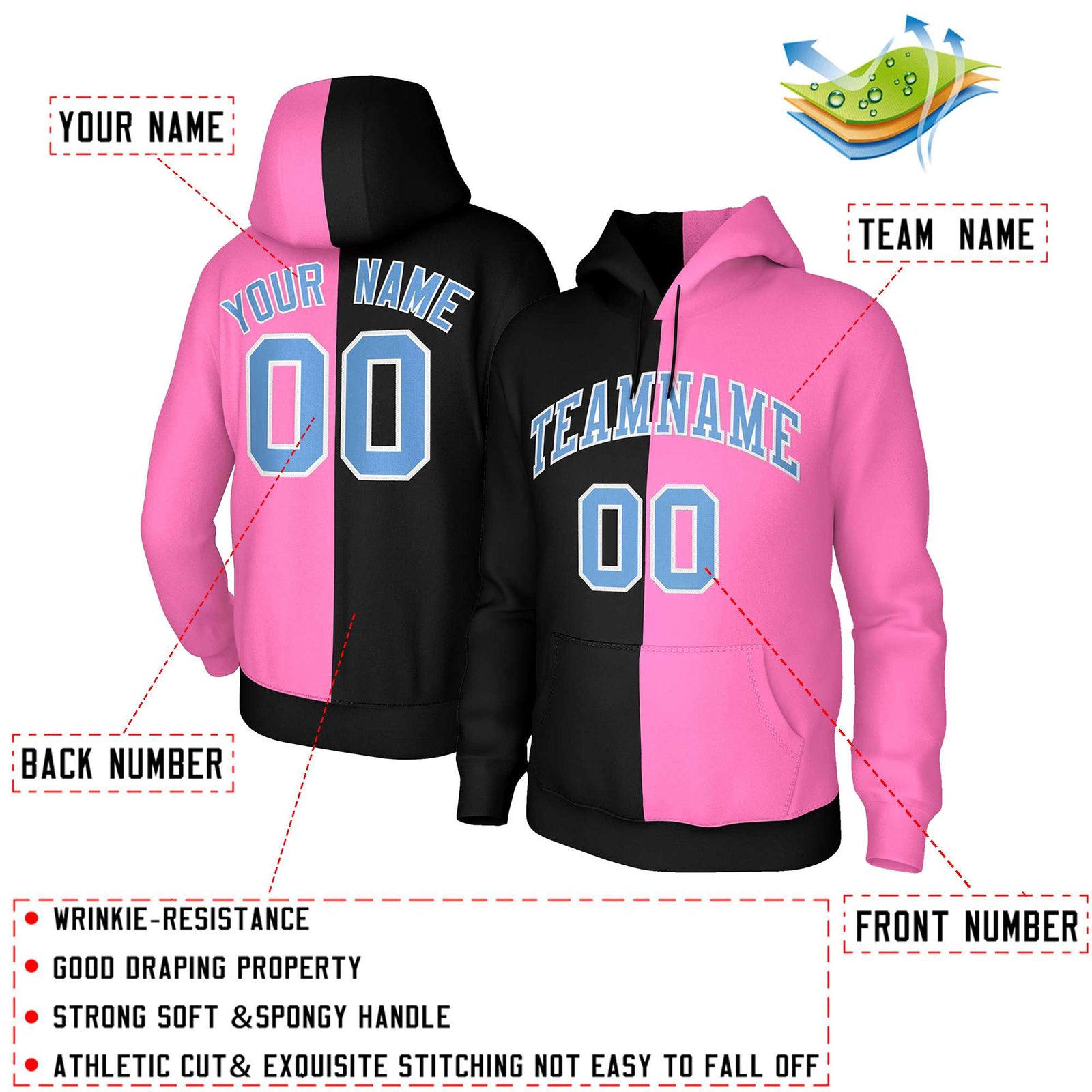 Custom Black Pink Light Blue-White Split Fashion Stitched Sportwear Pullover Hoodie