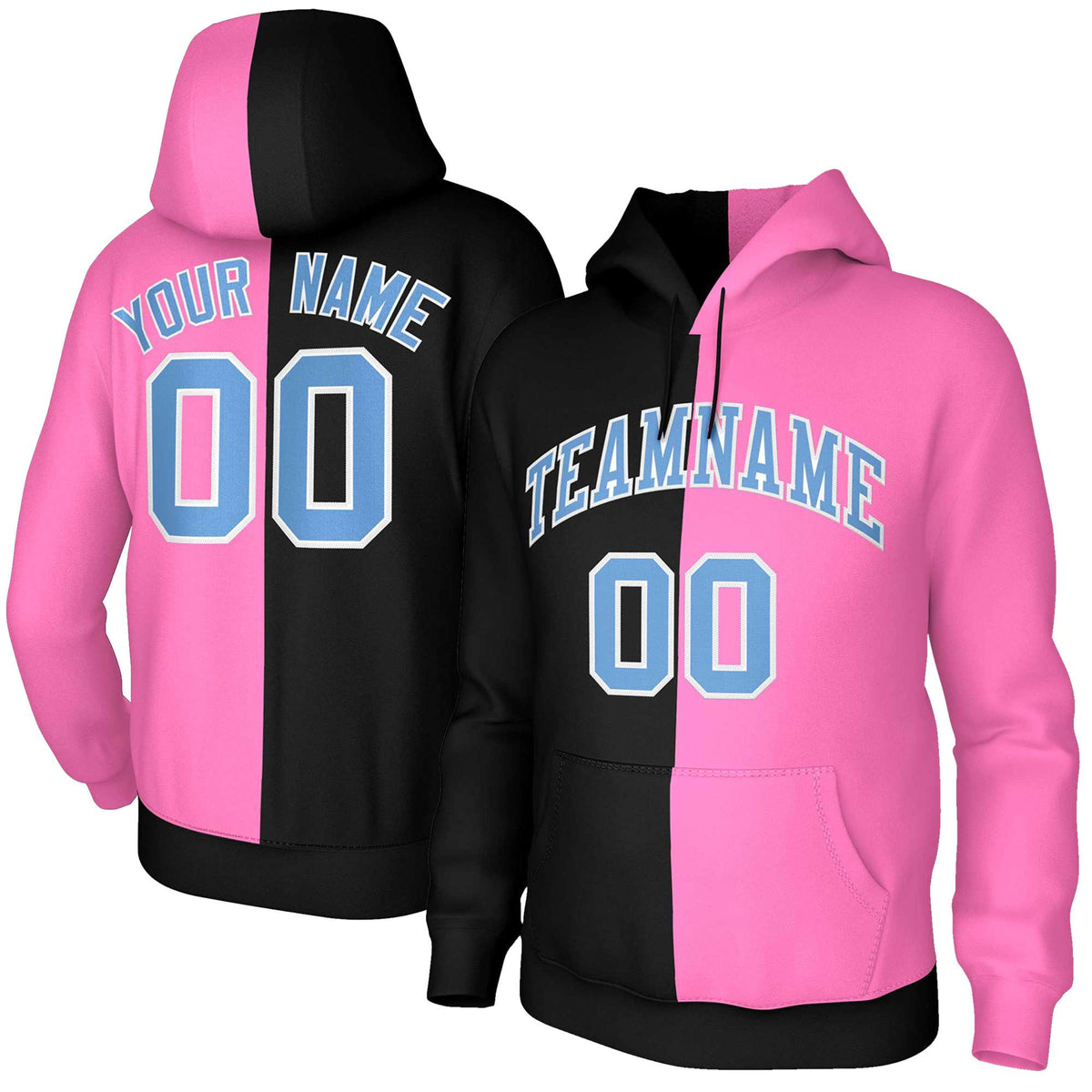 Custom Black Pink Light Blue-White Split Fashion Stitched Sportwear Pullover Hoodie