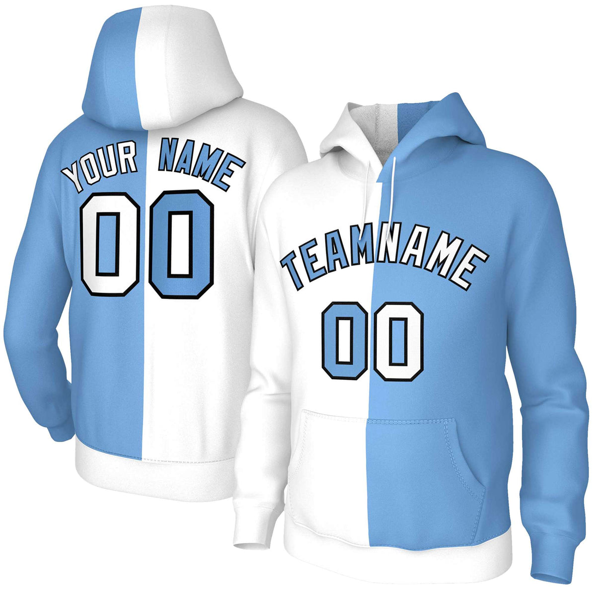 Custom White Light Blue Light Blue-Black Split Fashion Stitched Sportwear Pullover Hoodie