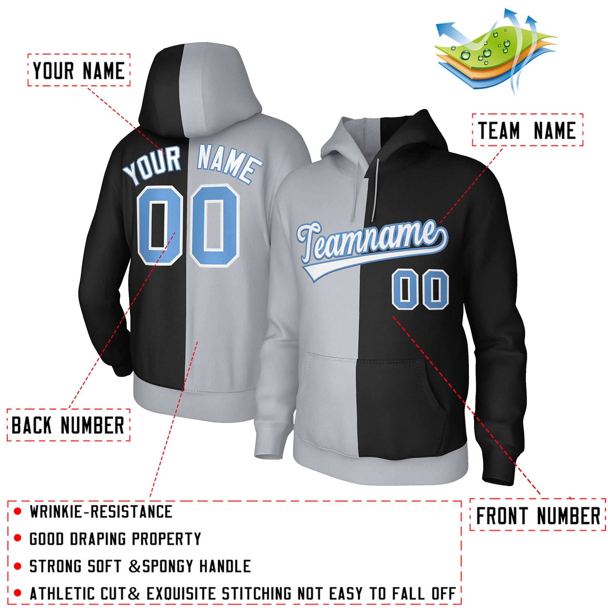 Custom Gray Black White-Light Blue Split Fashion Stitched Sportwear Pullover Hoodie