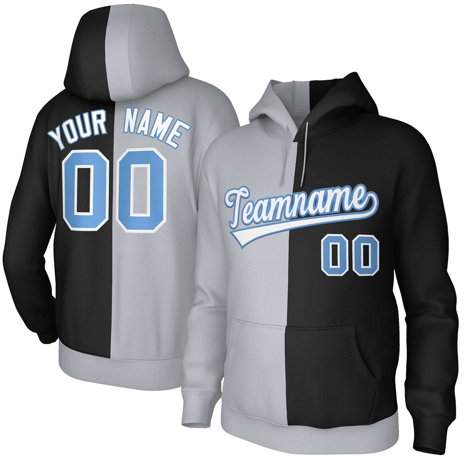 Custom Gray Black White-Light Blue Split Fashion Stitched Sportwear Pullover Hoodie