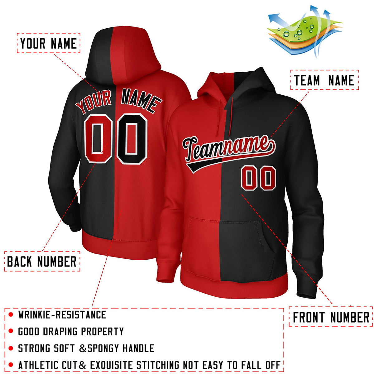Custom Red Black-White Split Fashion Stitched Sportwear Pullover Hoodie