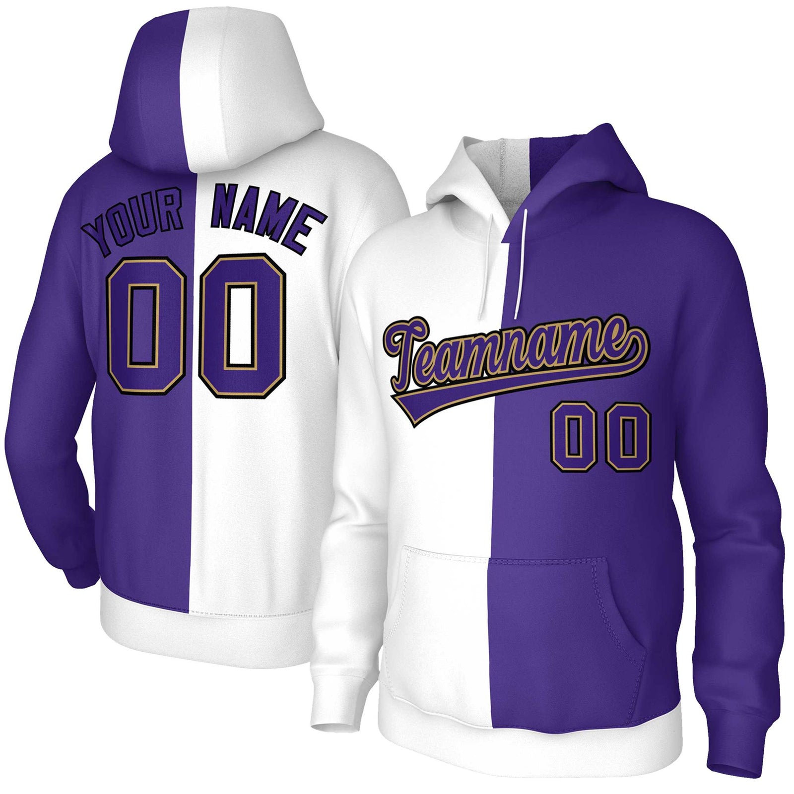Custom White Purple Purple-Old Gold Split Fashion Stitched Sportwear Pullover Hoodie