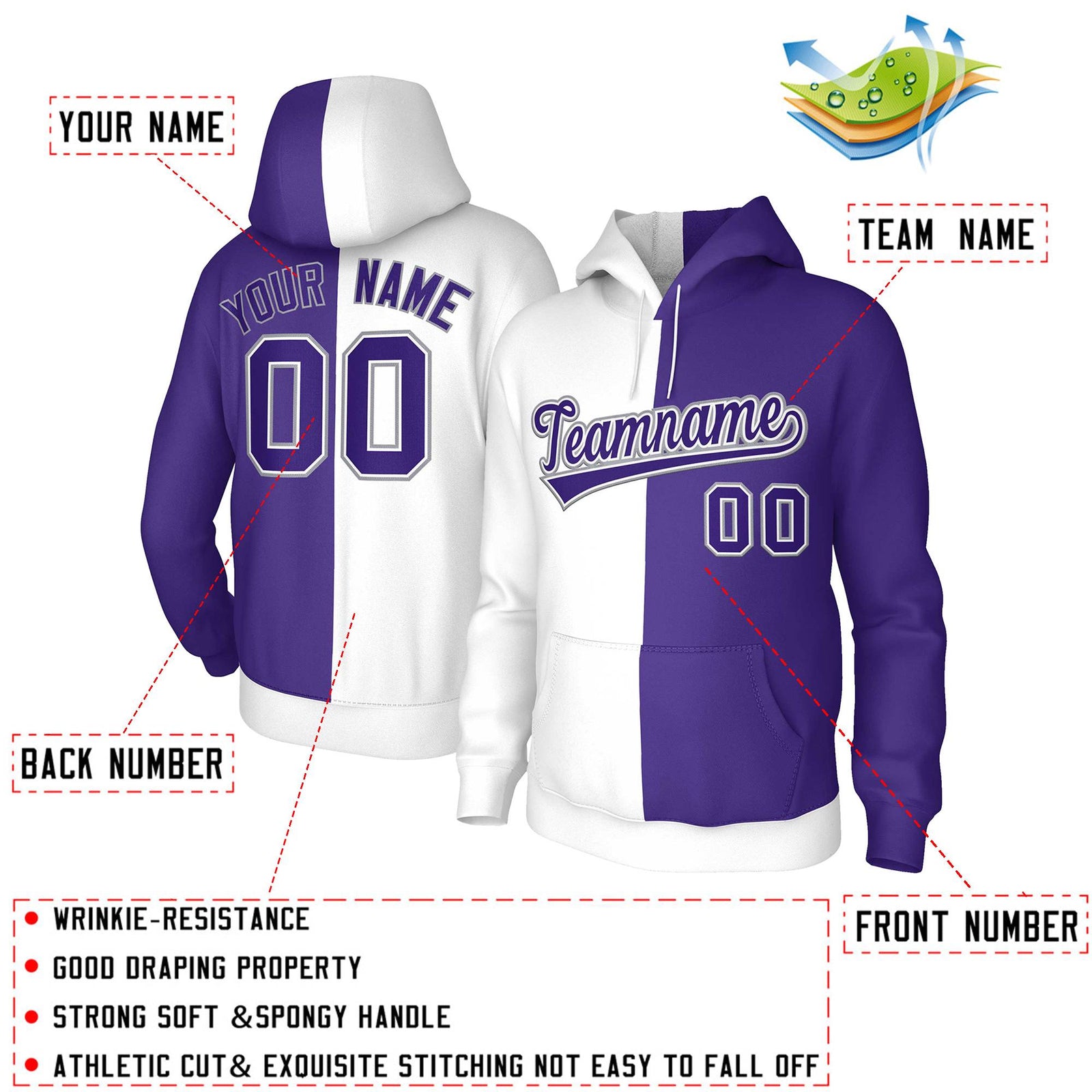 Custom White Purple Purple-White Split Fashion Stitched Sportwear Pullover Hoodie