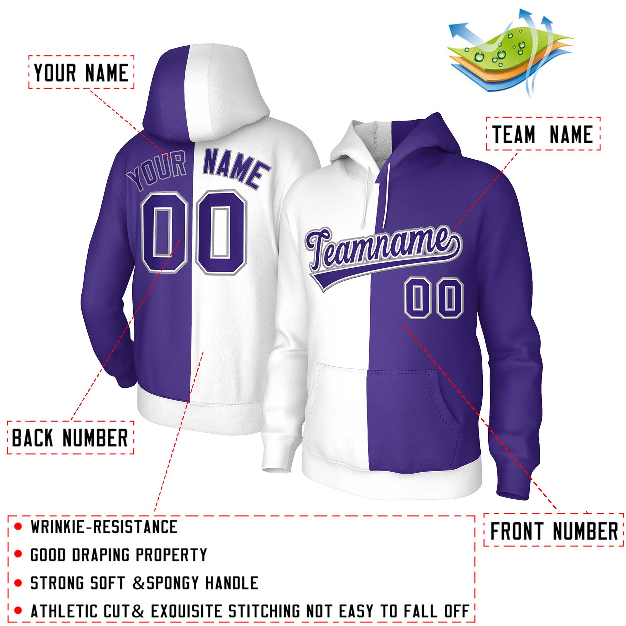 Custom White Purple Purple-White Split Fashion Stitched Sportwear Pullover Hoodie