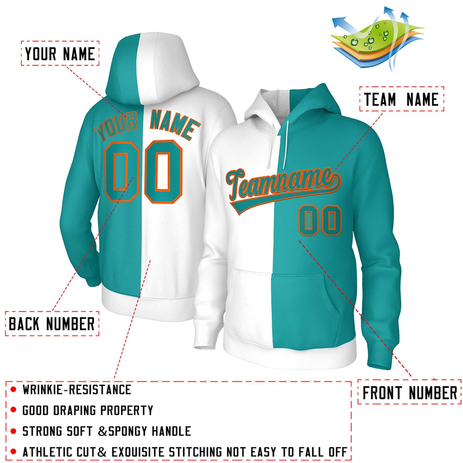 Custom White Aqua Aqua-Orange Split Fashion Stitched Sportwear Pullover Hoodie