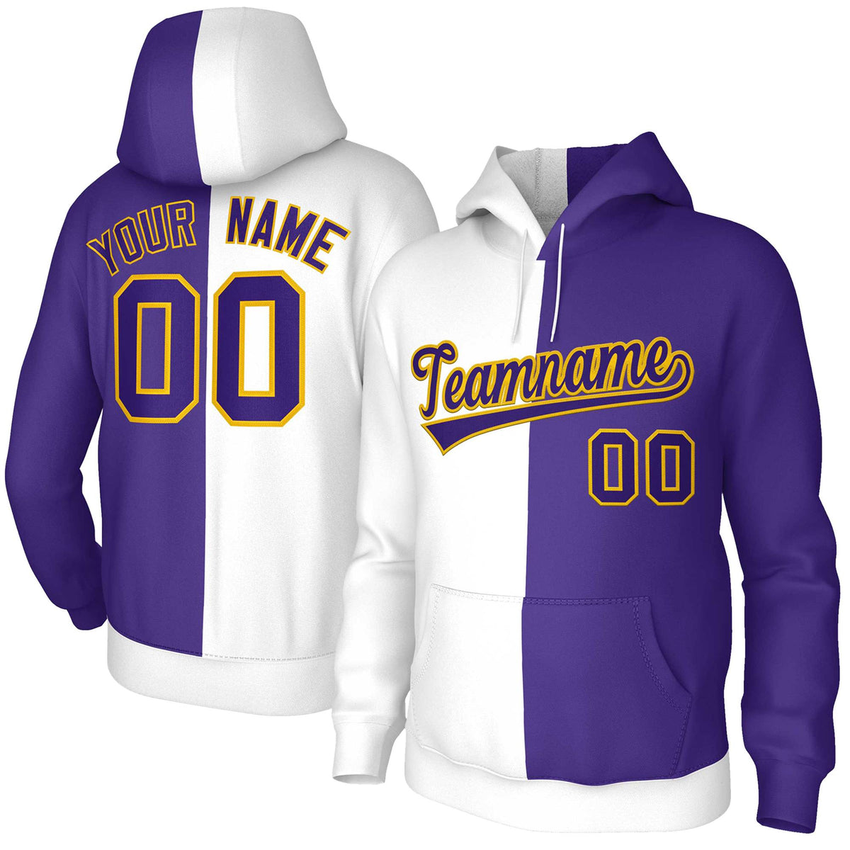 Custom White Purple Purple-Gold Split Fashion Stitched Sportwear Pullover Hoodie