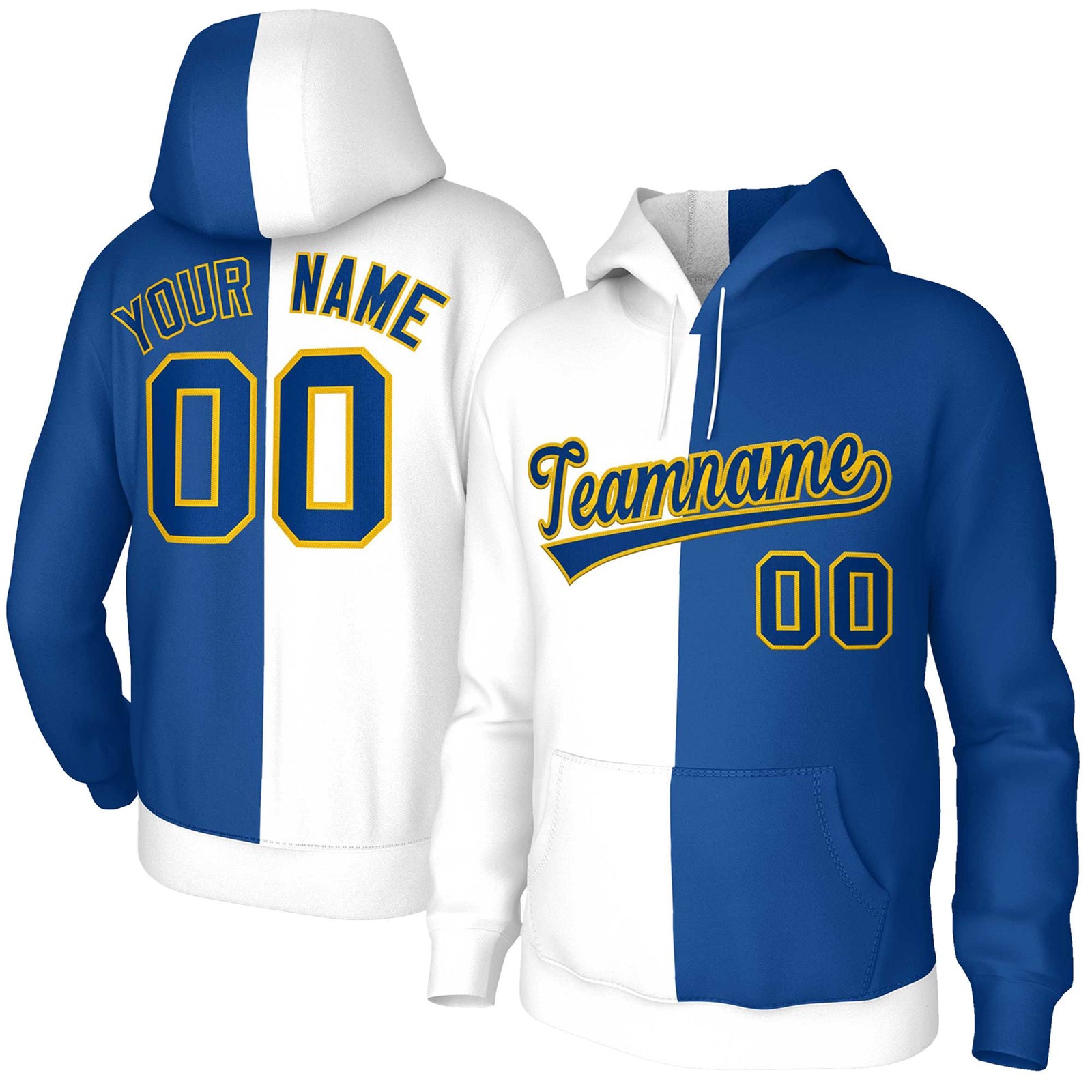 Custom White Royal Royal-Gold Split Fashion Stitched Sportwear Pullover Hoodie