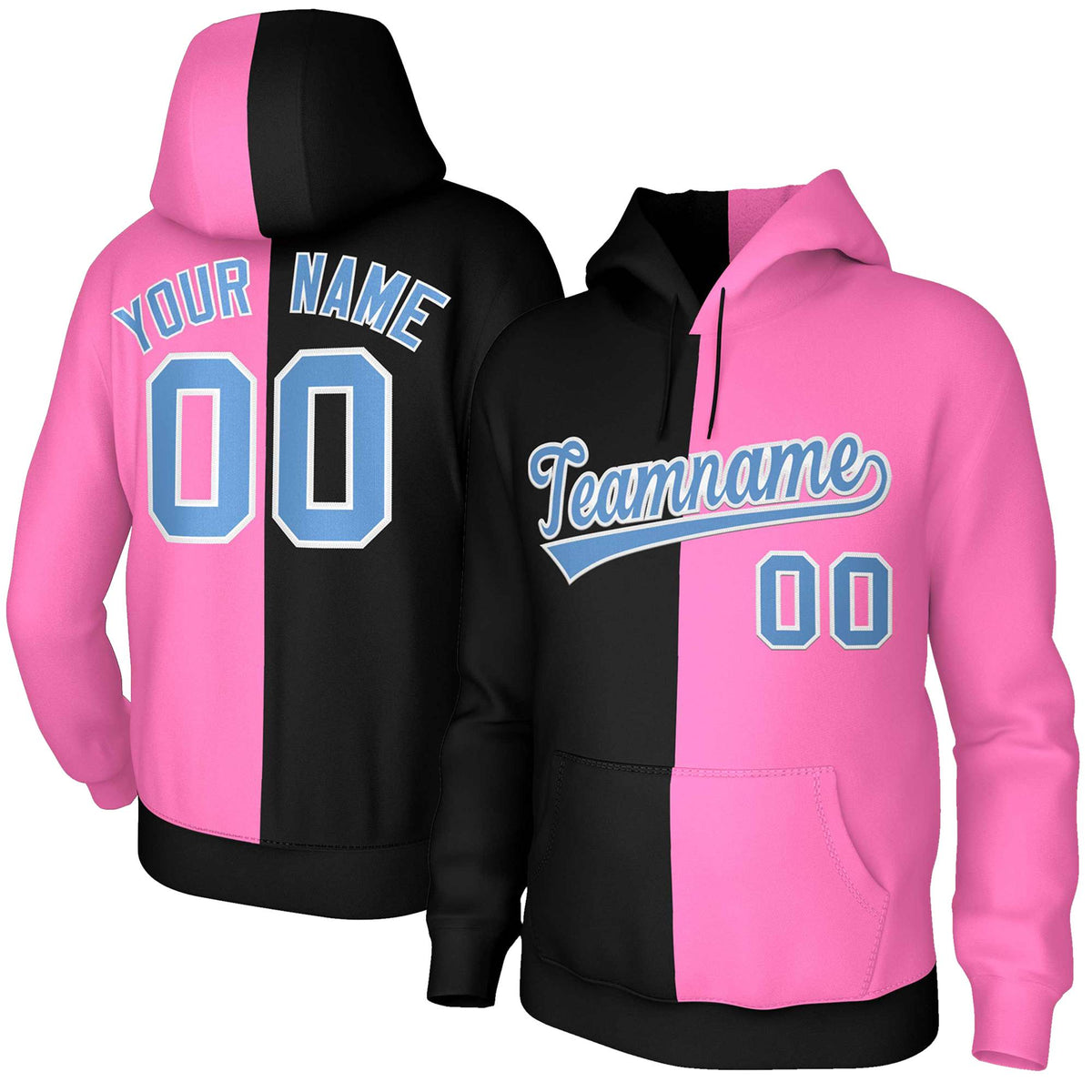 Custom Black Pink Light Blue-White Split Fashion Stitched Sportwear Pullover Hoodie