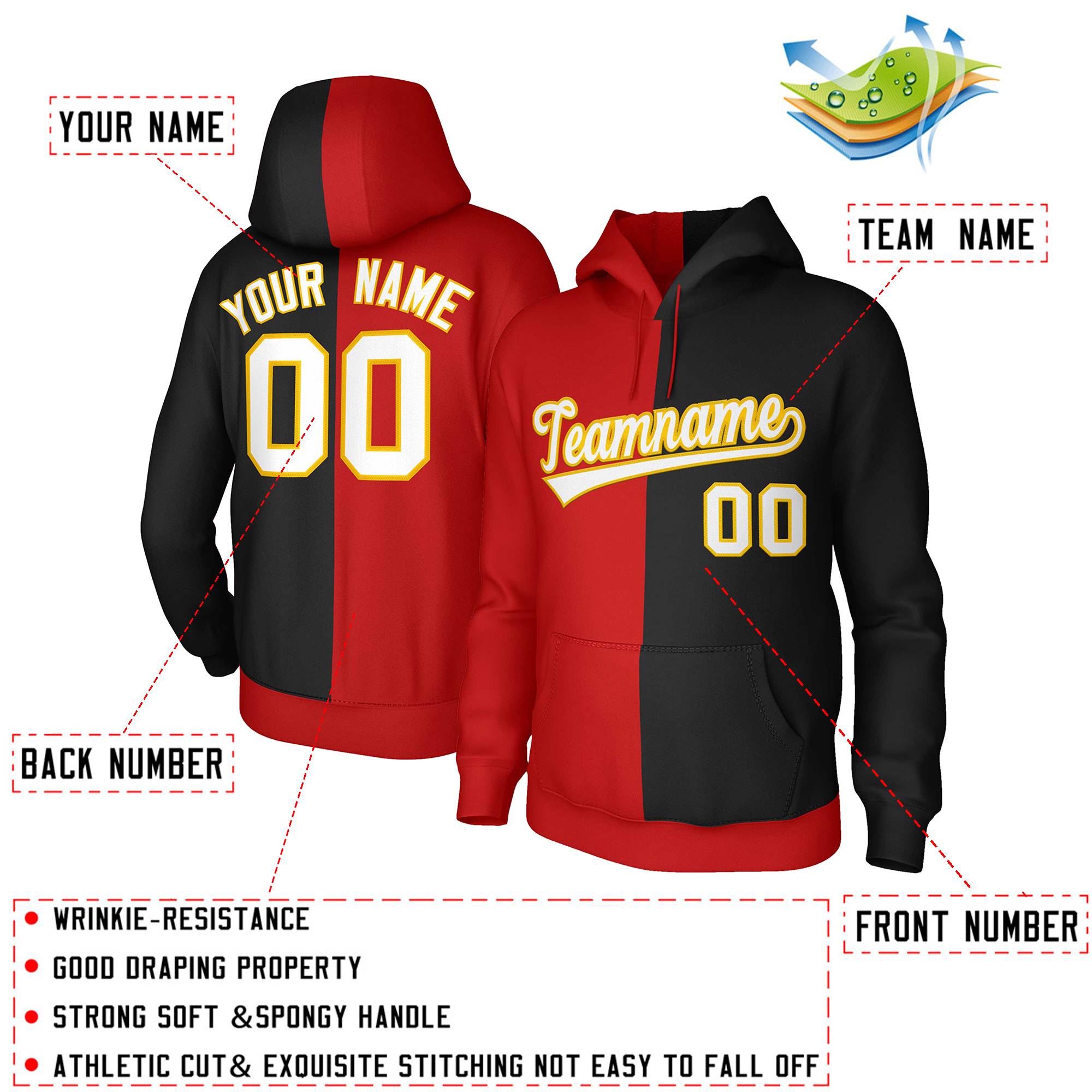 Custom Red Black White-Gold Split Fashion Stitched Sportwear Pullover Hoodie