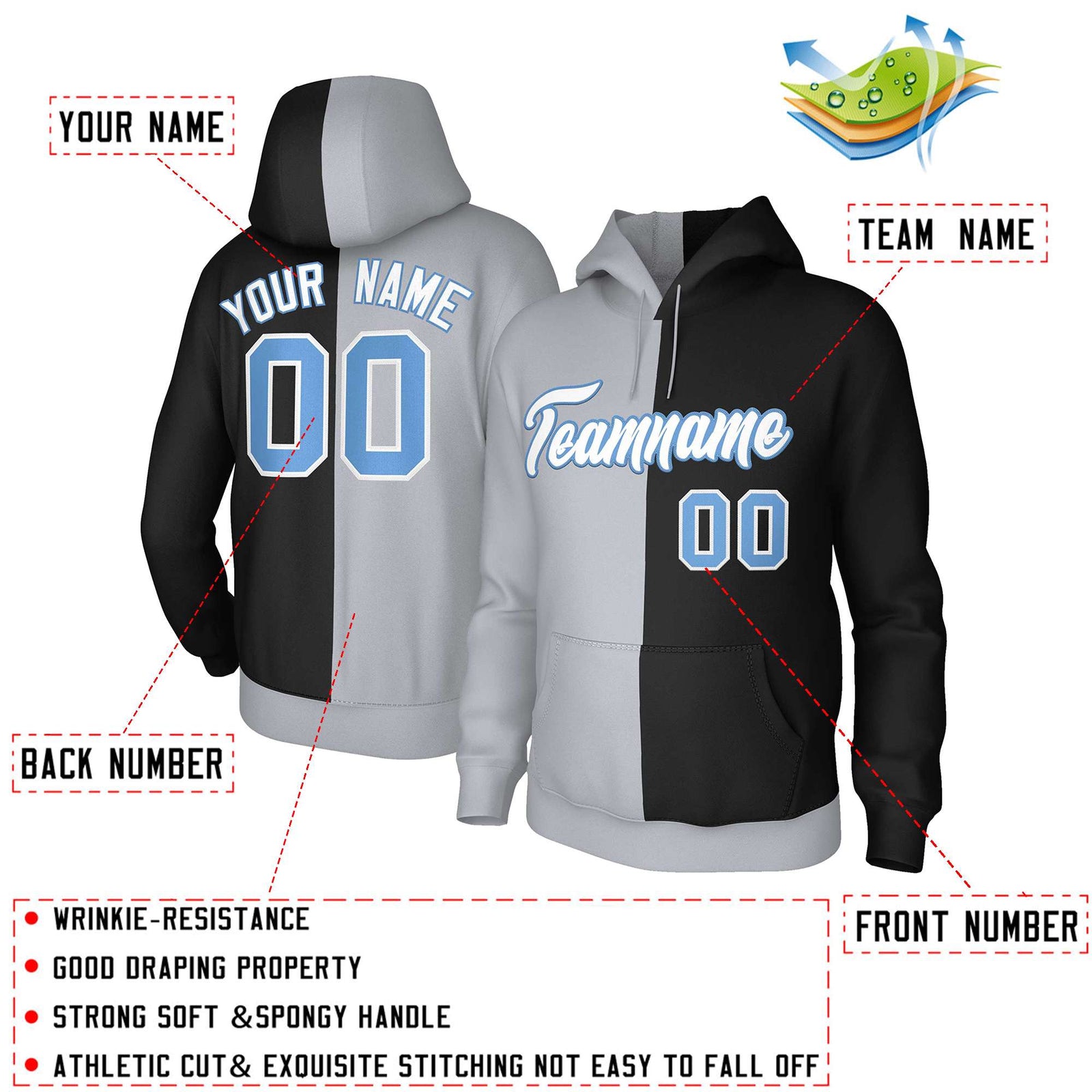 Custom Gray Black White-Light Blue Split Fashion Stitched Sportwear Pullover Hoodie