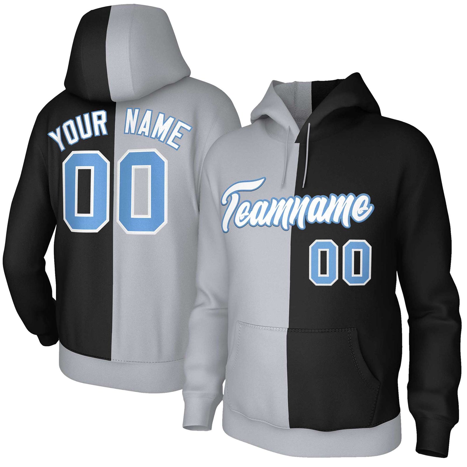 Custom Gray Black White-Light Blue Split Fashion Stitched Sportwear Pullover Hoodie