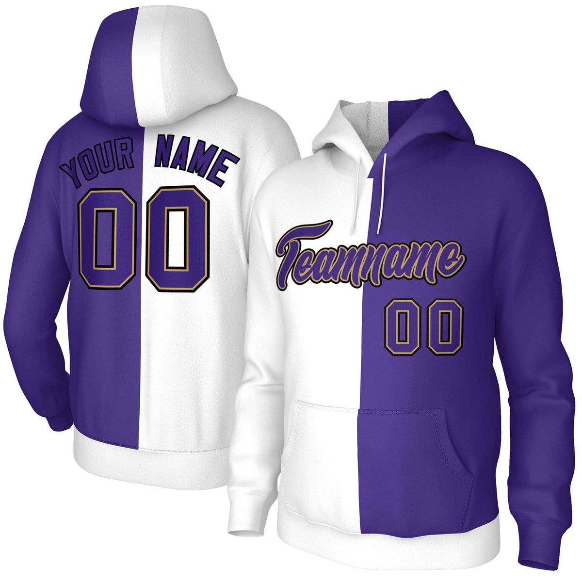 Custom White Purple Purple-Old Gold Split Fashion Stitched Sportwear Pullover Hoodie
