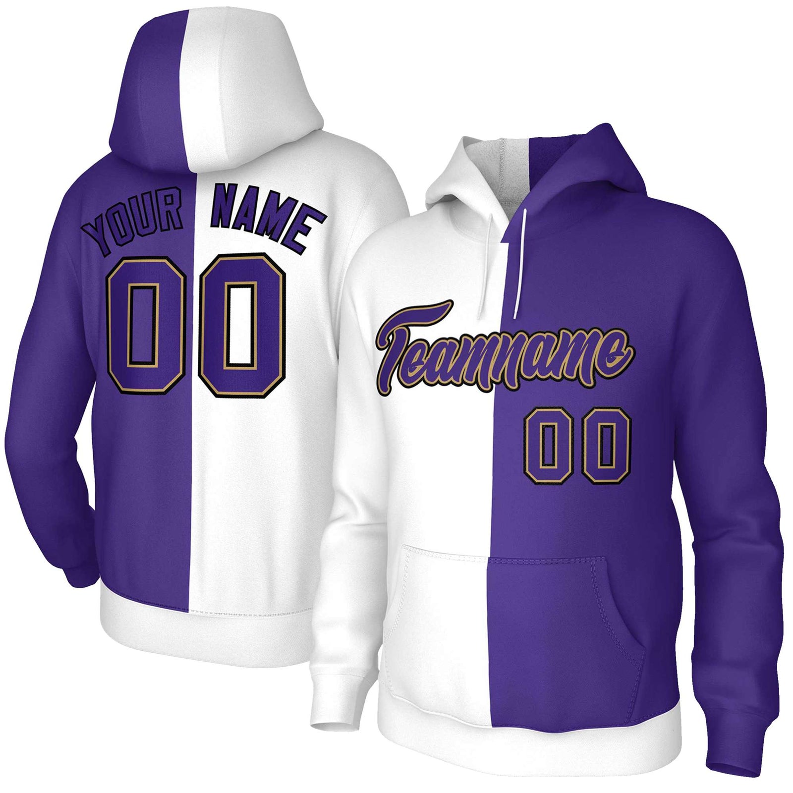 Custom White Purple Purple-Old Gold Split Fashion Stitched Sportwear Pullover Hoodie