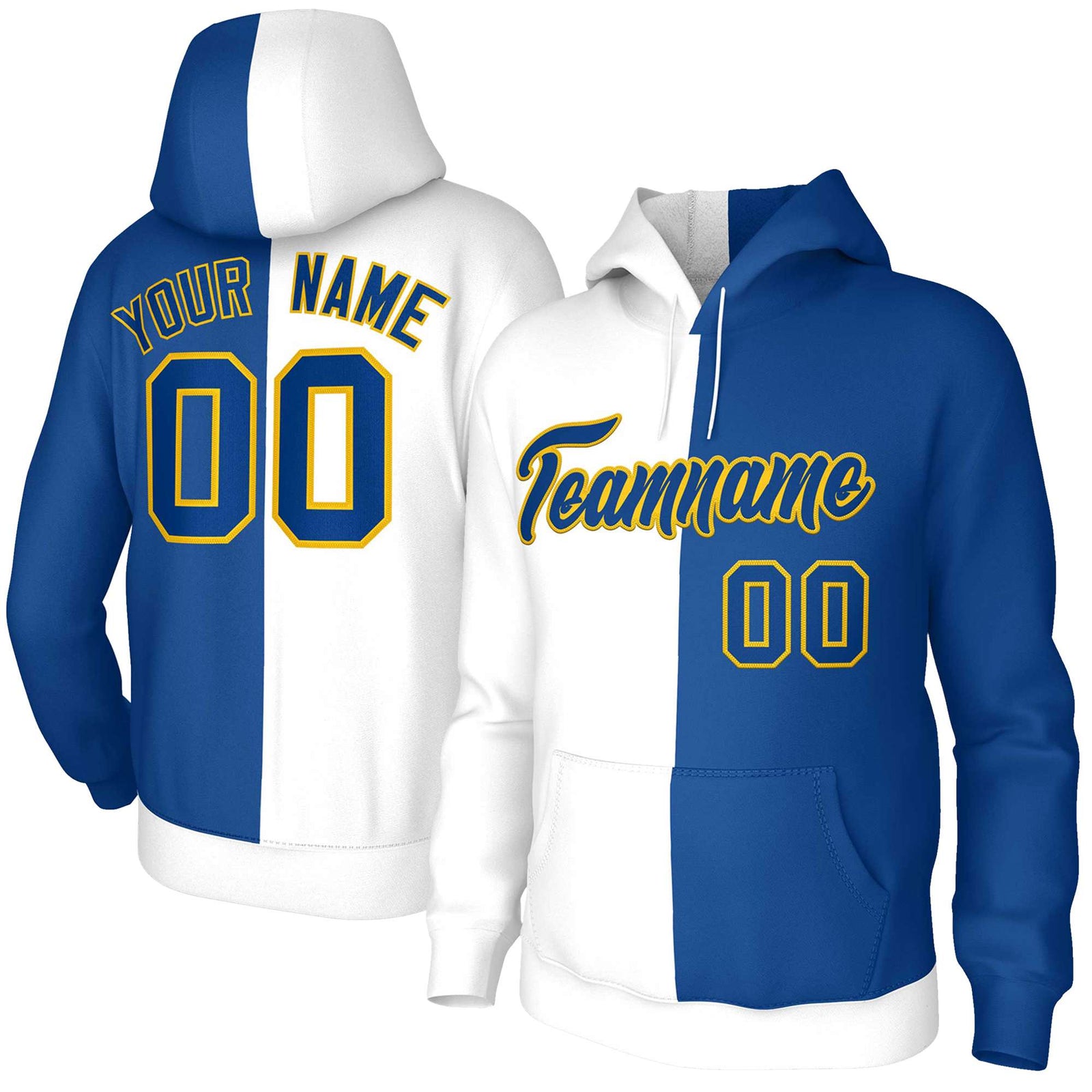 Custom White Royal Royal-Gold Split Fashion Stitched Sportwear Pullover Hoodie