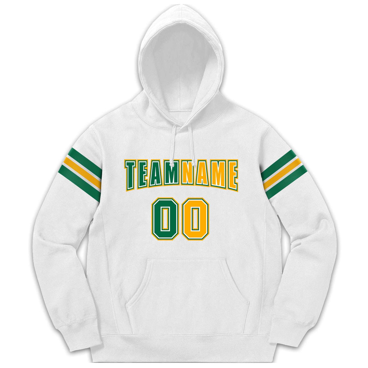 Custom Stitched White Kelly Green-Yellow Cotton Pullover Sweatshirt Hoodie
