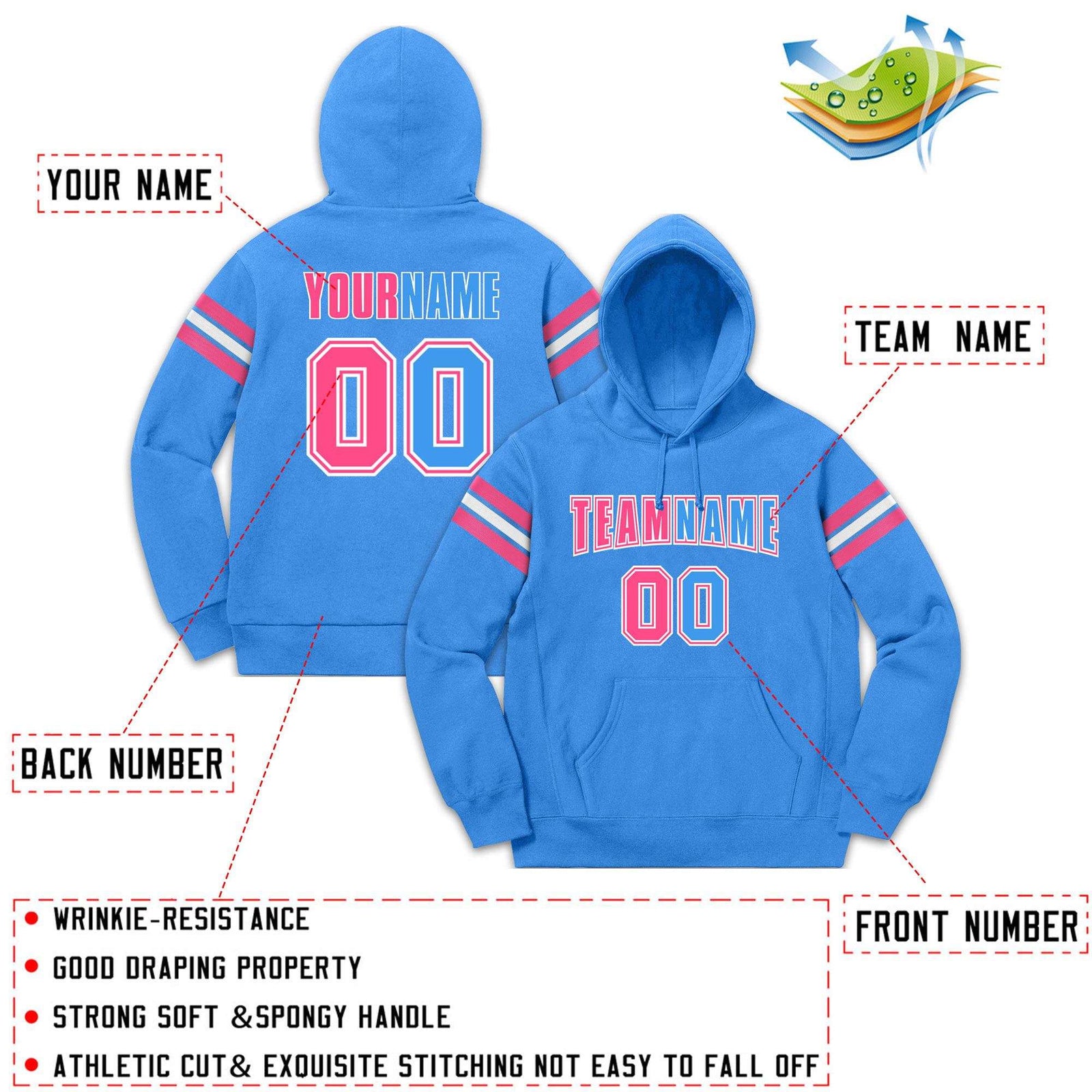 Custom Stitched Powder Blue Pink-White Cotton Pullover Sweatshirt Hoodie