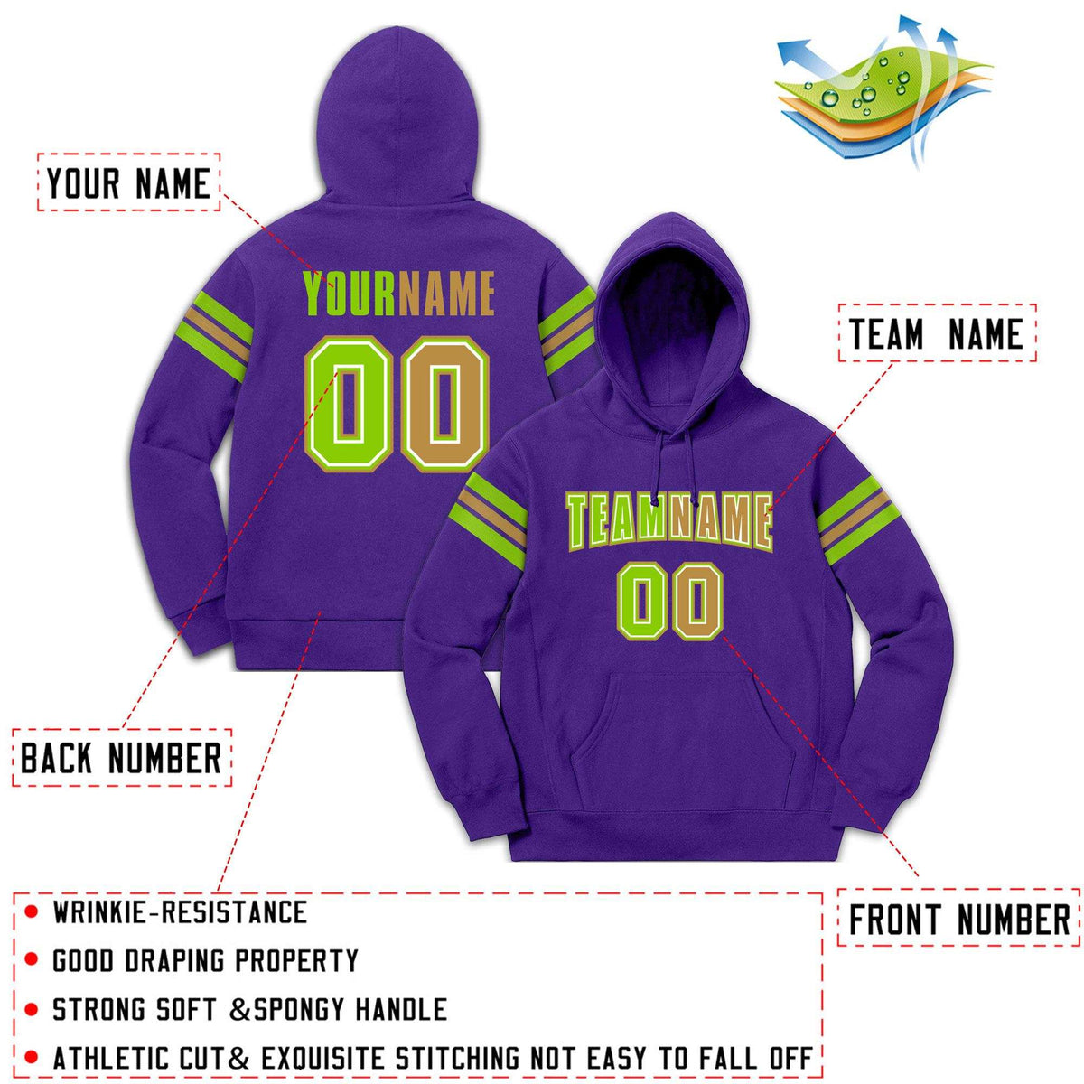 Custom Stitched Purple Neon Green-Old Gold Cotton Pullover Sweatshirt Hoodie