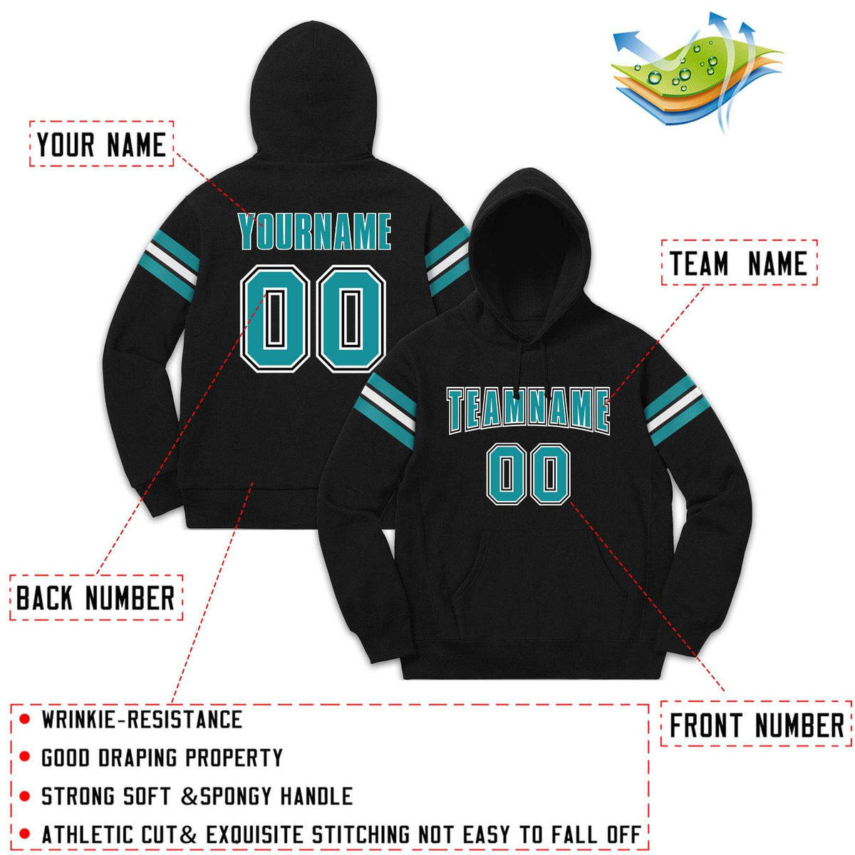 Custom Stitched Black Aqua-White Cotton Pullover Sweatshirt Hoodie