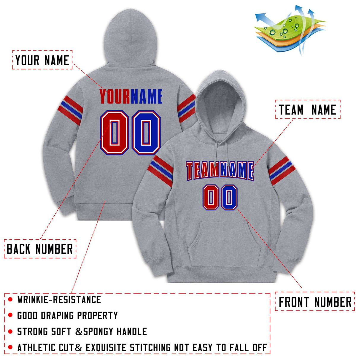 Custom Stitched Gray Red-Royal Cotton Pullover Sweatshirt Hoodie