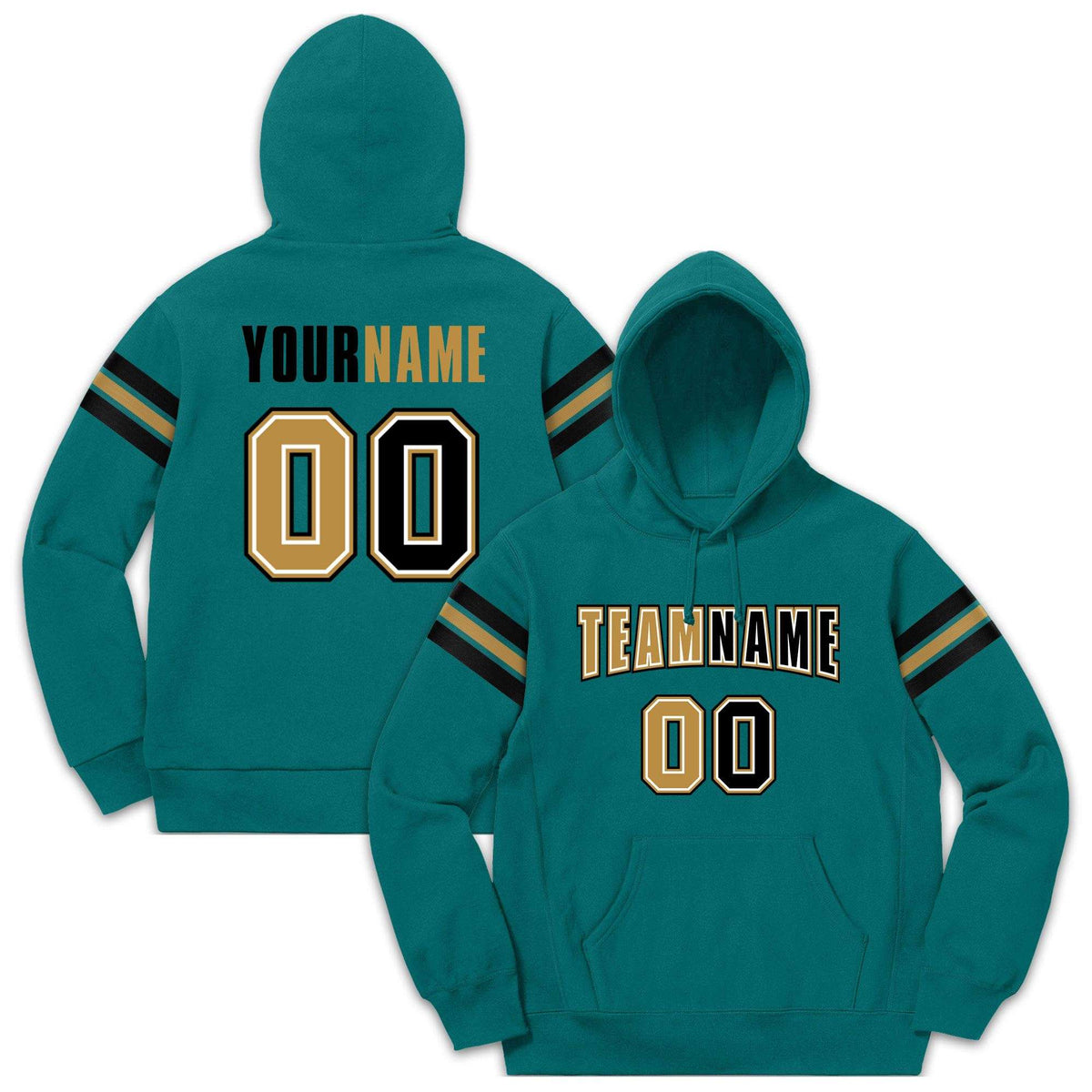 Custom Stitched Aqua Black-Old Gold Cotton Pullover Sweatshirt Hoodie